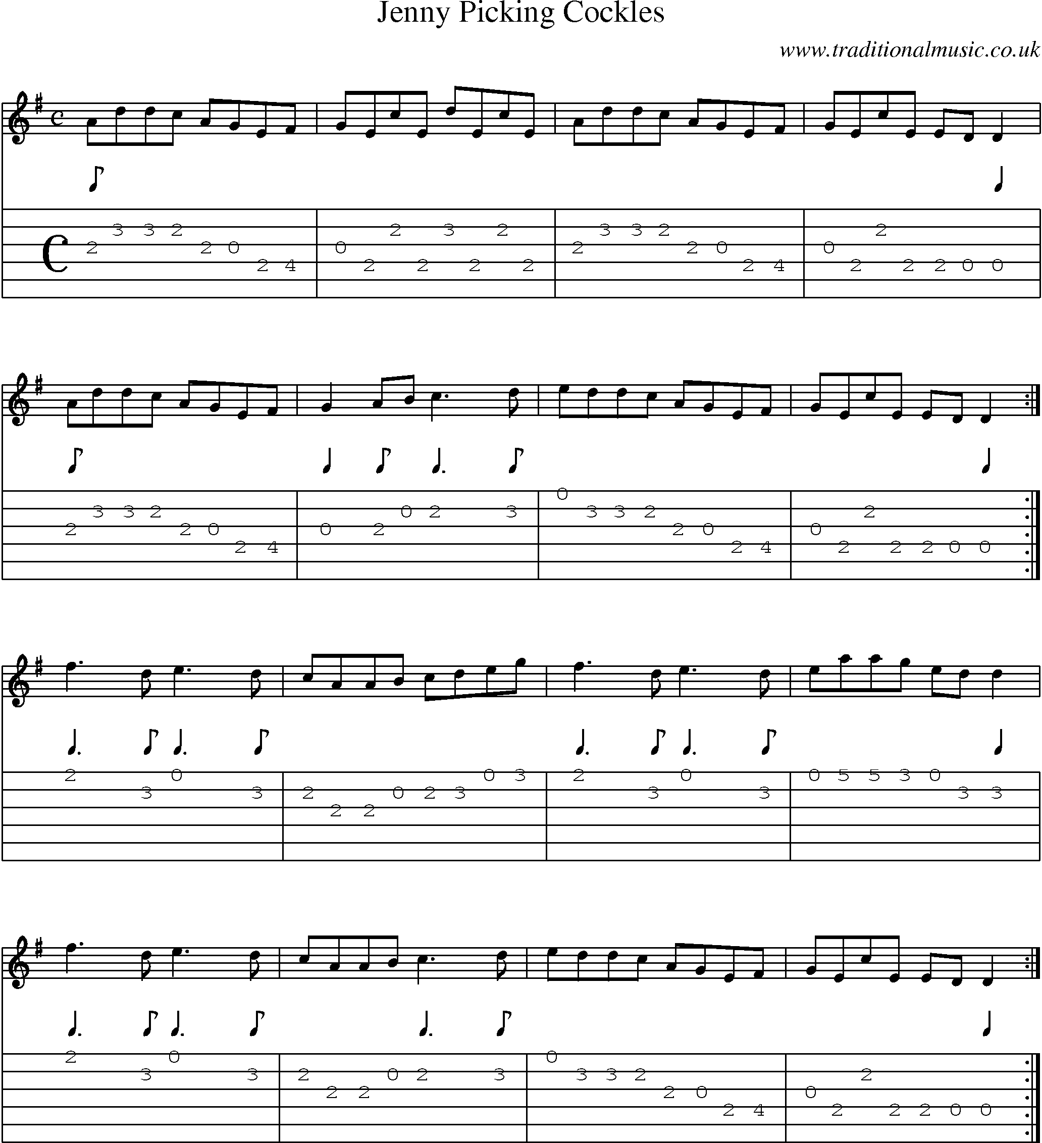 Music Score and Guitar Tabs for Jenny Picking Cockles