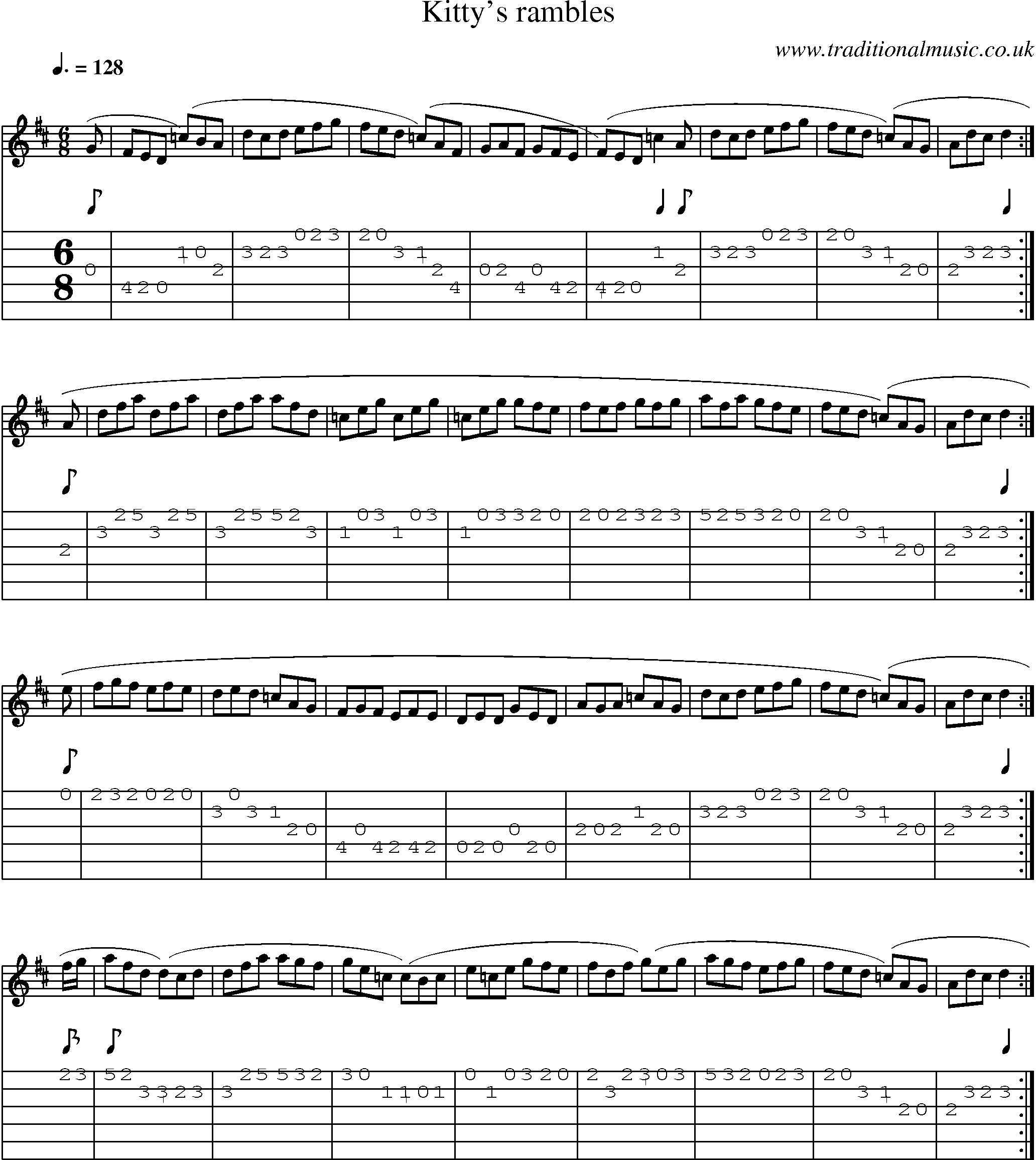 Music Score and Guitar Tabs for Kittys Rambles
