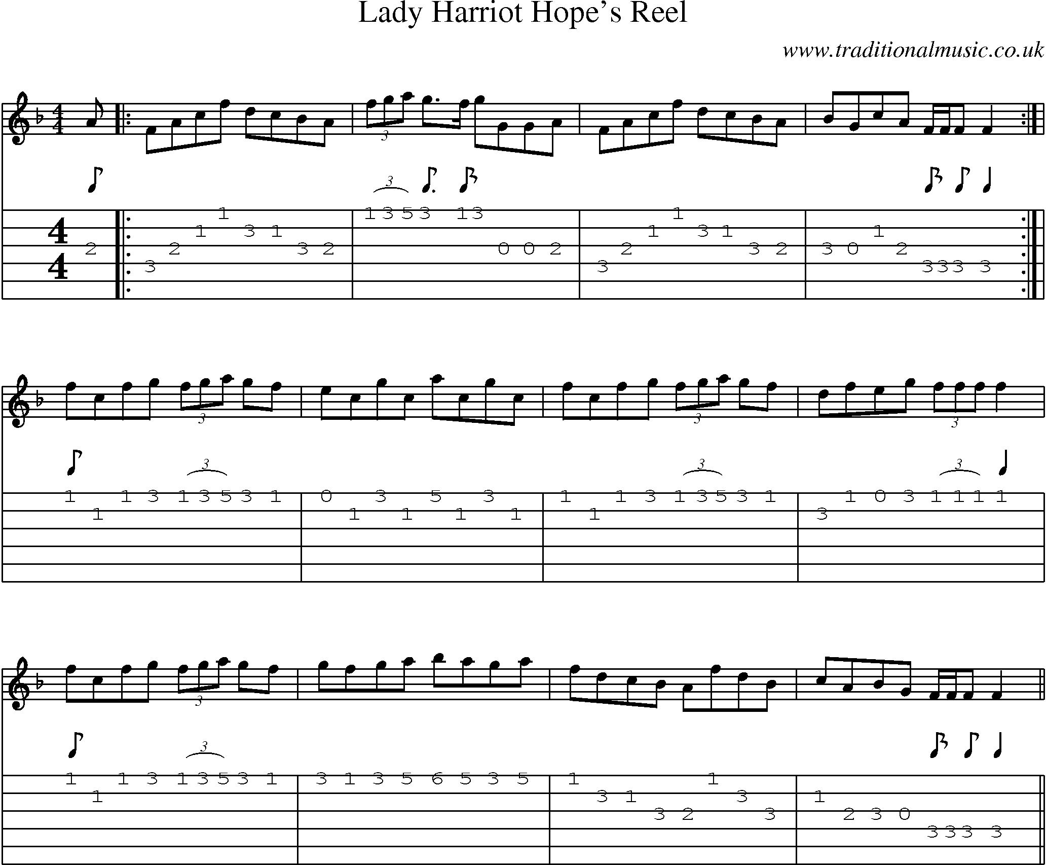 Music Score and Guitar Tabs for Lady Harriot Hopes Reel