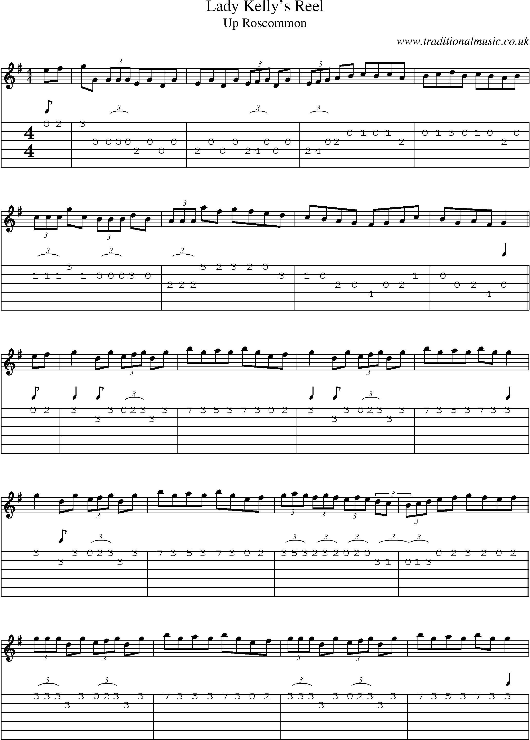 Music Score and Guitar Tabs for Lady Kellys Reel