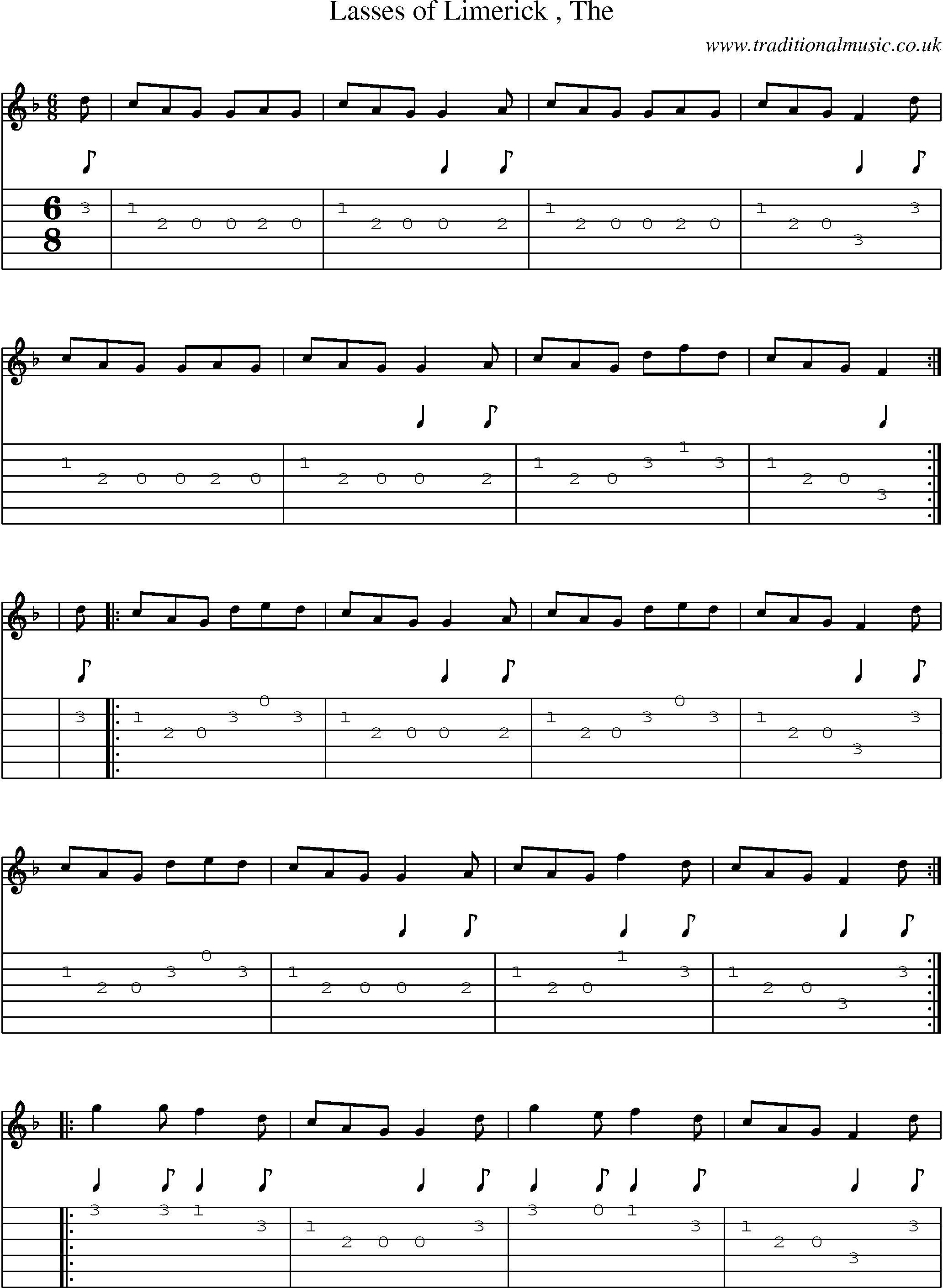 Music Score and Guitar Tabs for Lasses Of Limerick