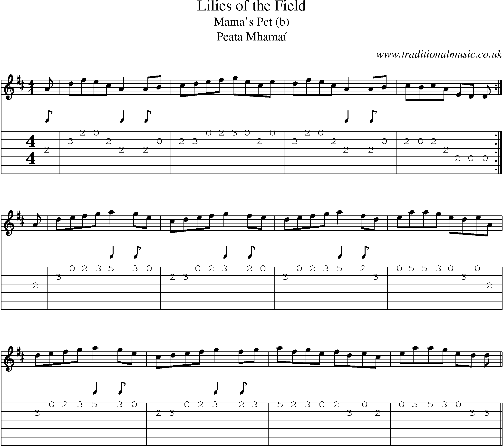 Music Score and Guitar Tabs for Lilies Of Field