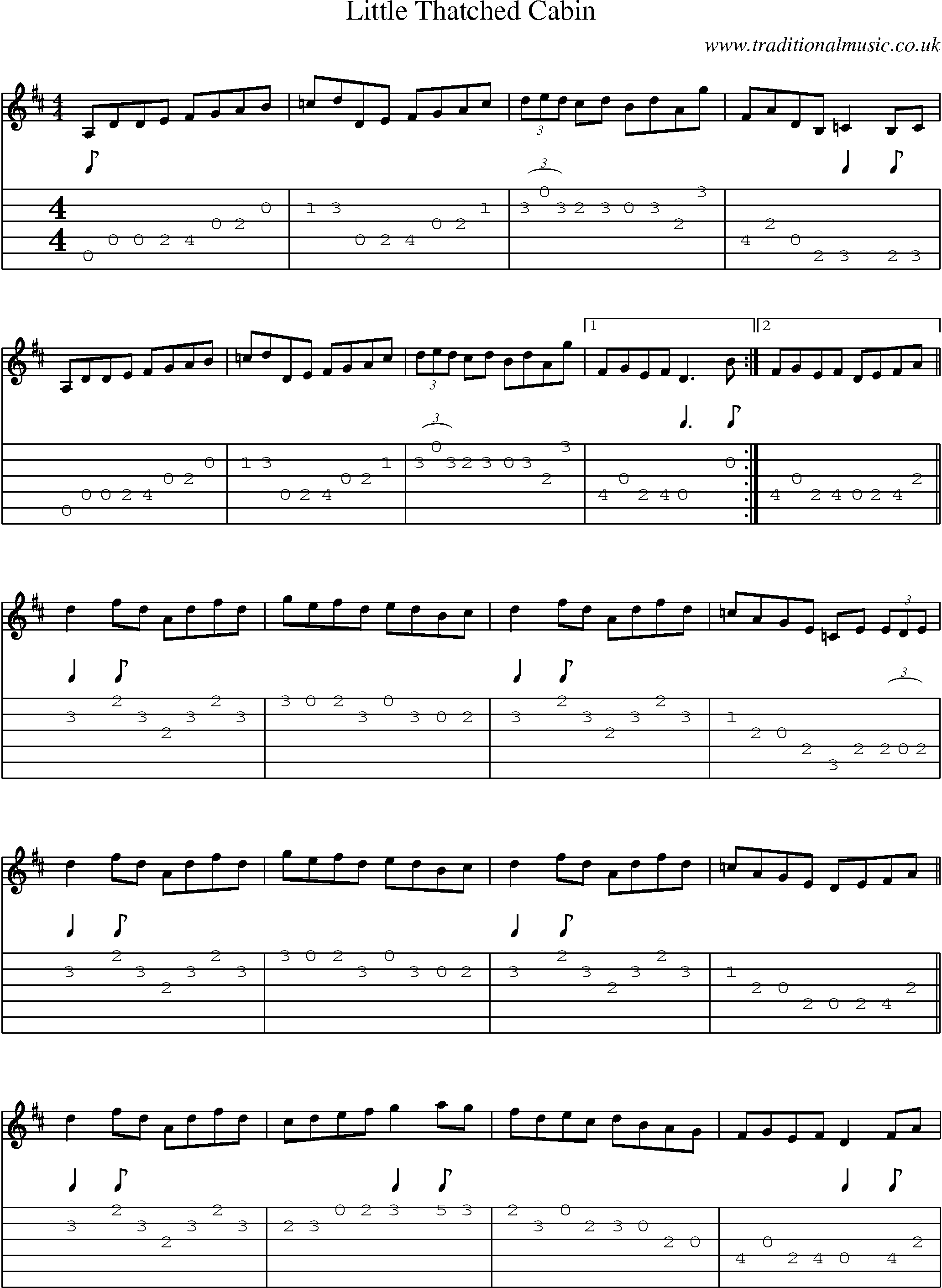 Music Score and Guitar Tabs for Little Thatched Cabin