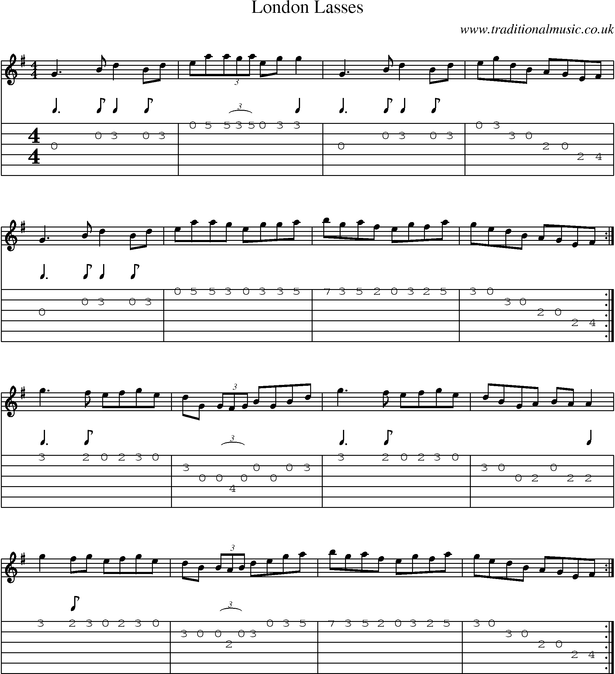 Music Score and Guitar Tabs for London Lasses