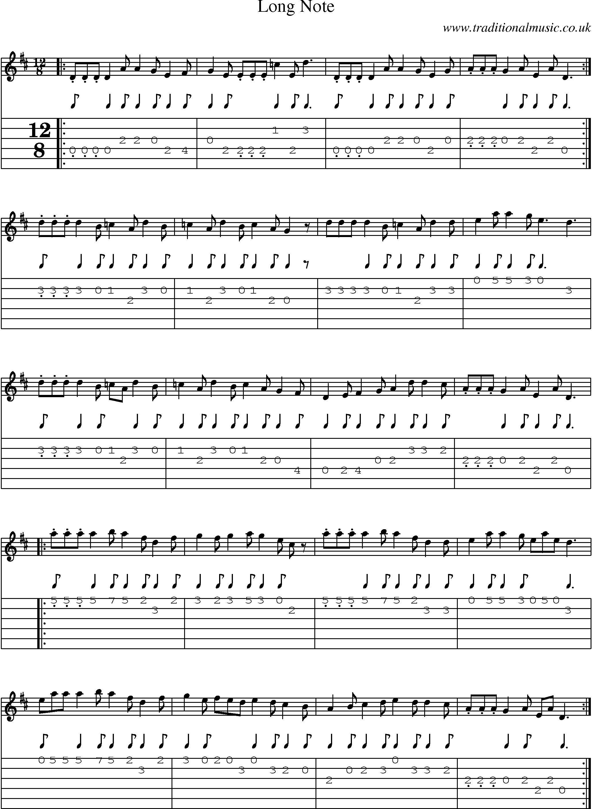 Music Score and Guitar Tabs for Long Note