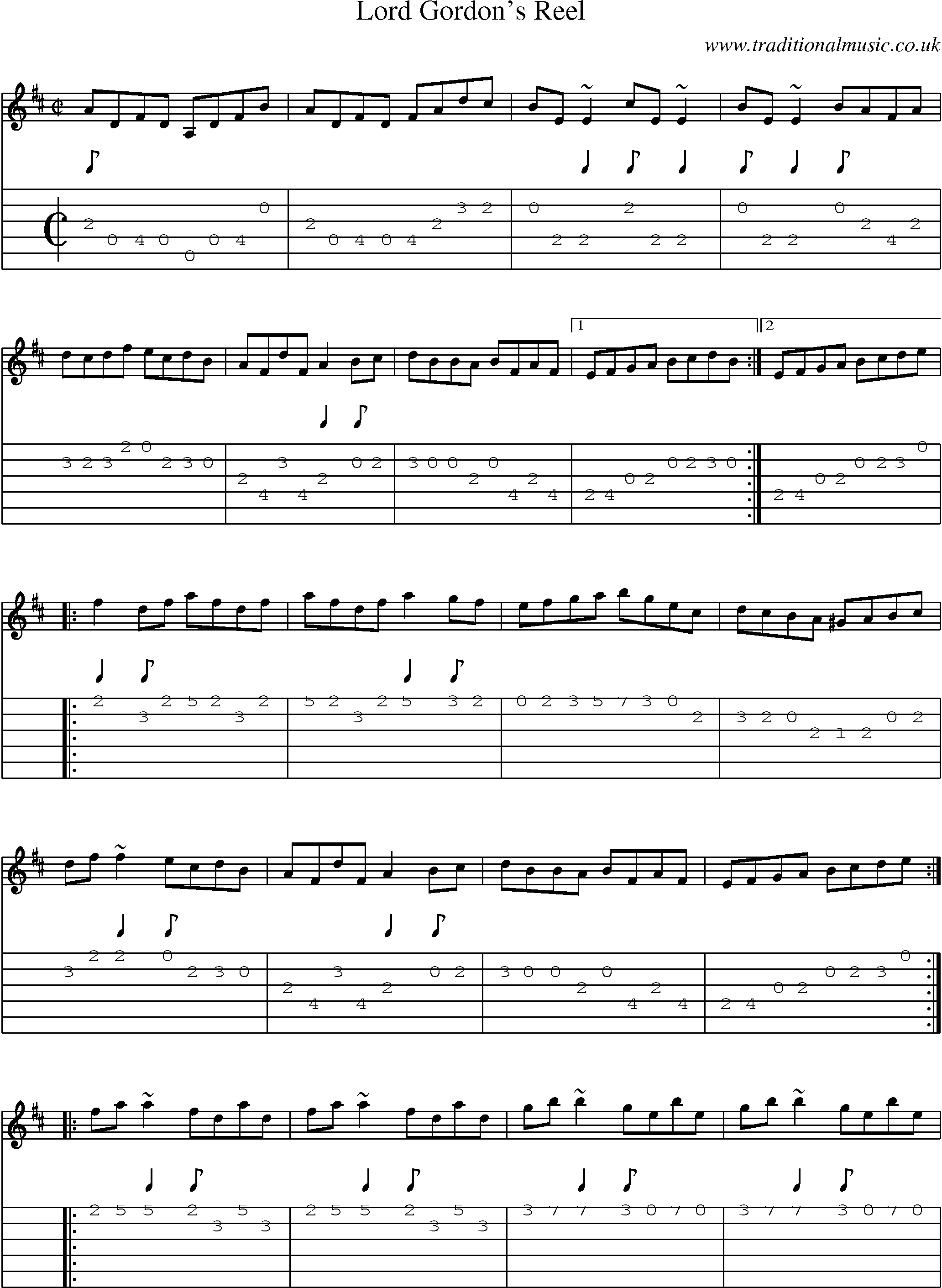 Music Score and Guitar Tabs for Lord Gordons Reel