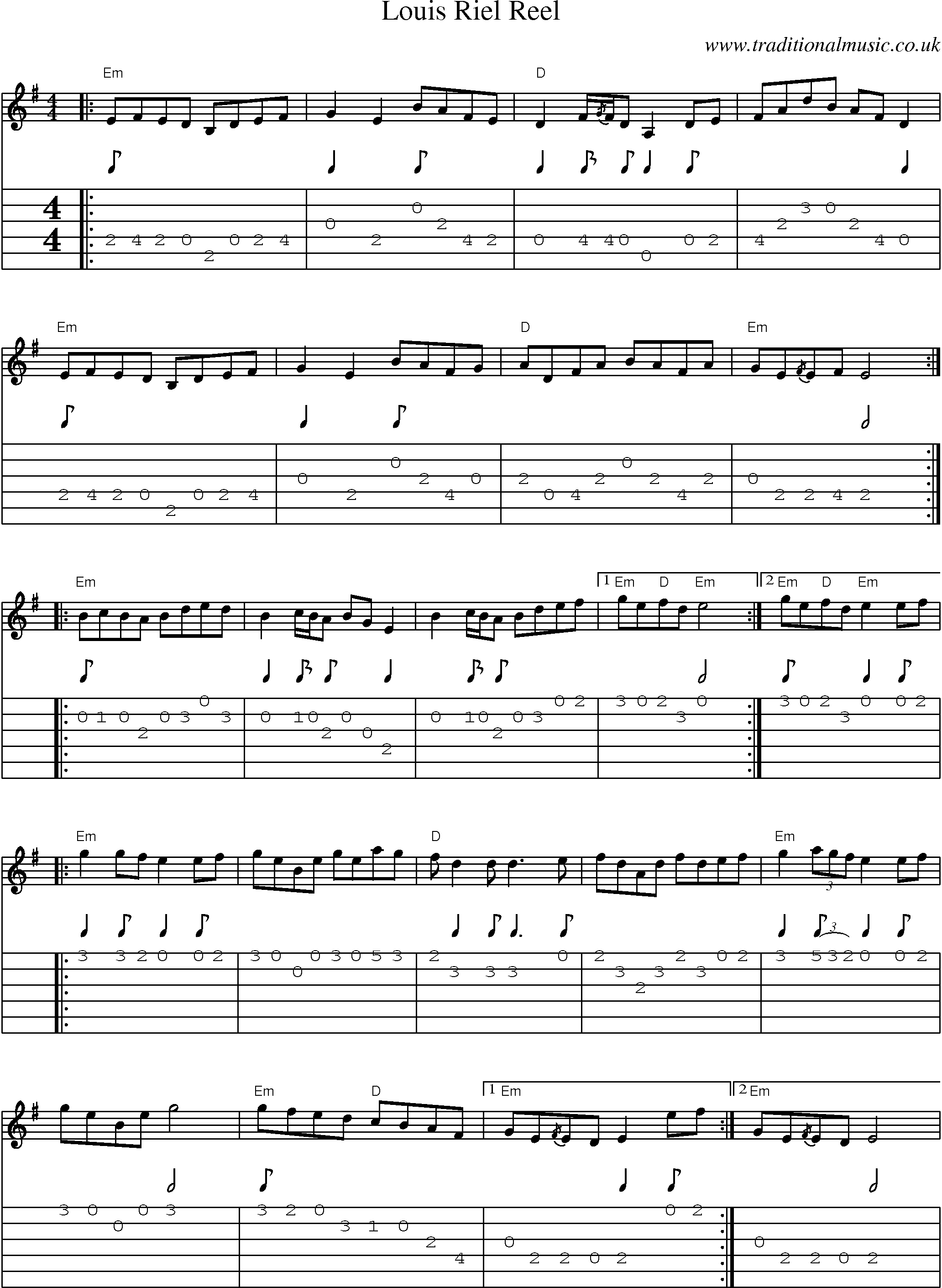 Music Score and Guitar Tabs for Louis Riel Reel