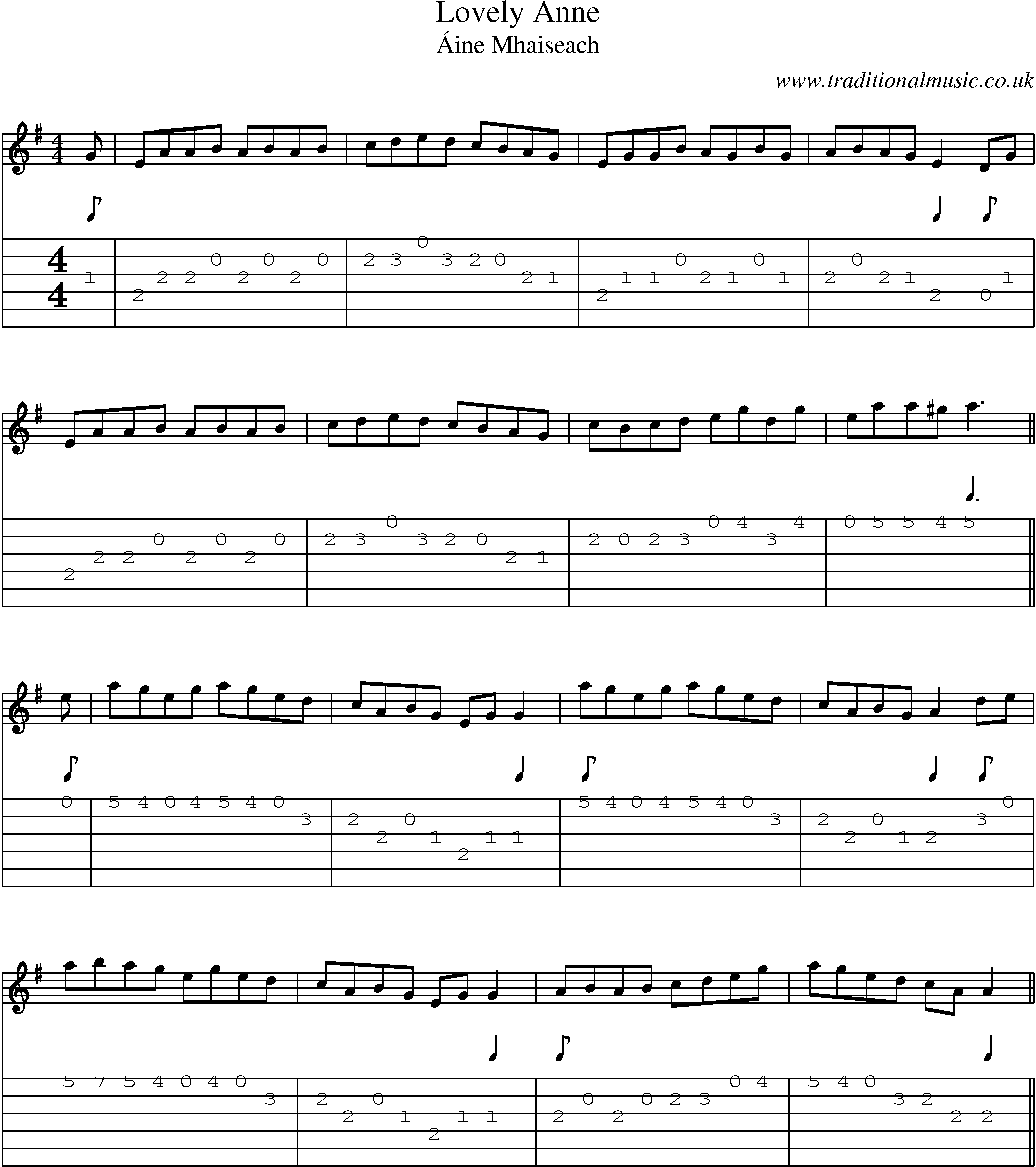 Music Score and Guitar Tabs for Lovely Anne