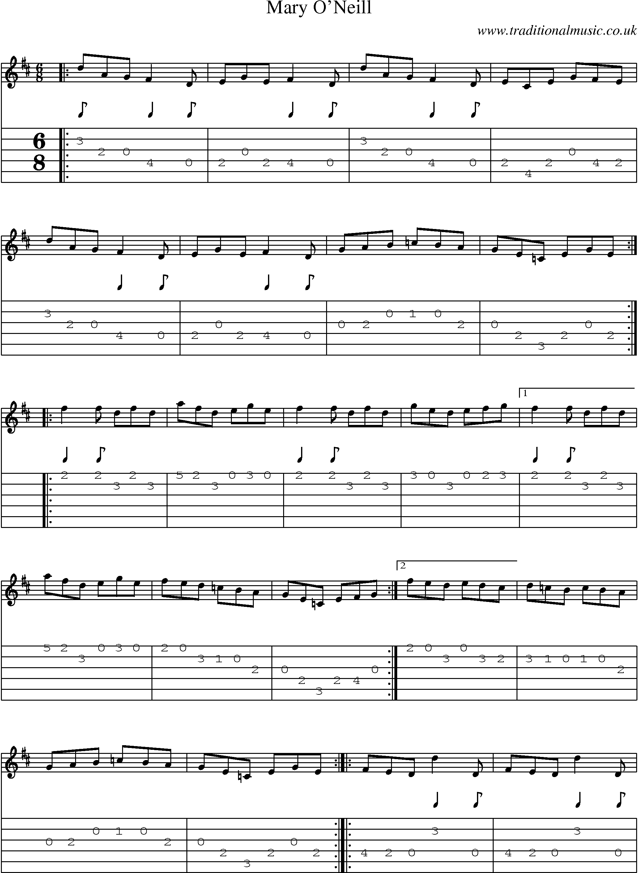 Music Score and Guitar Tabs for Mary Oneill