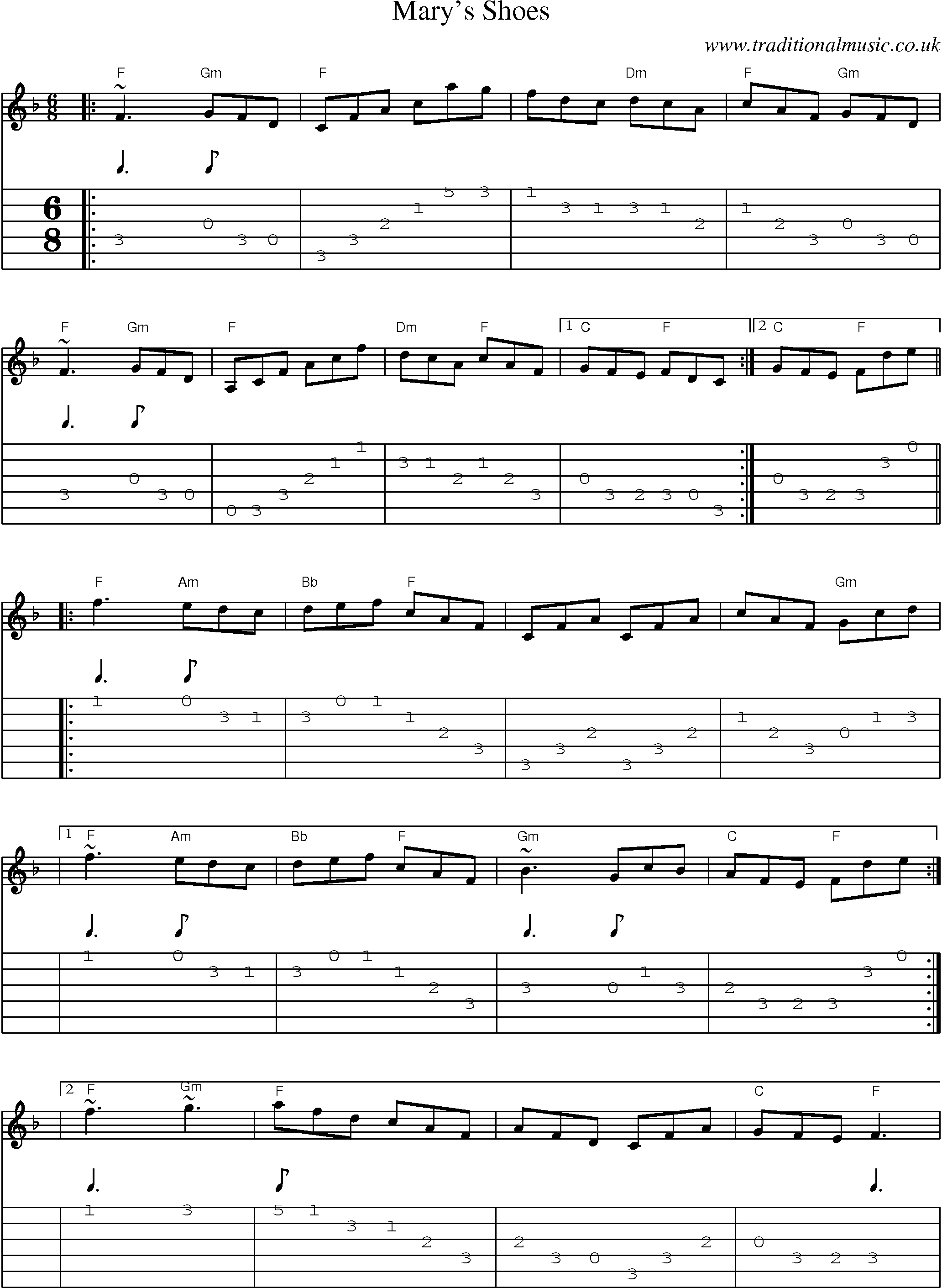 Music Score and Guitar Tabs for Marys Shoes