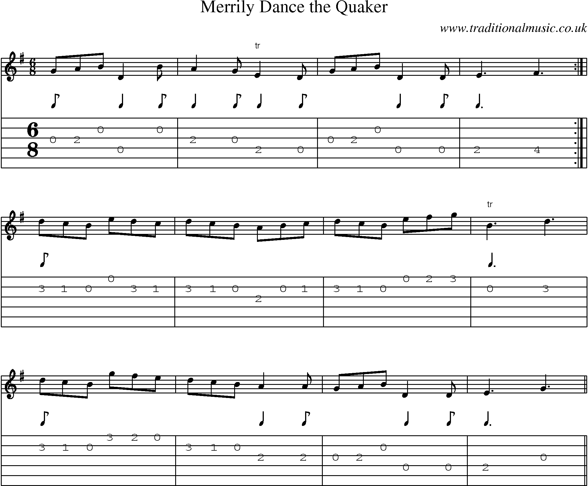 Music Score and Guitar Tabs for Merrily Dance Quaker