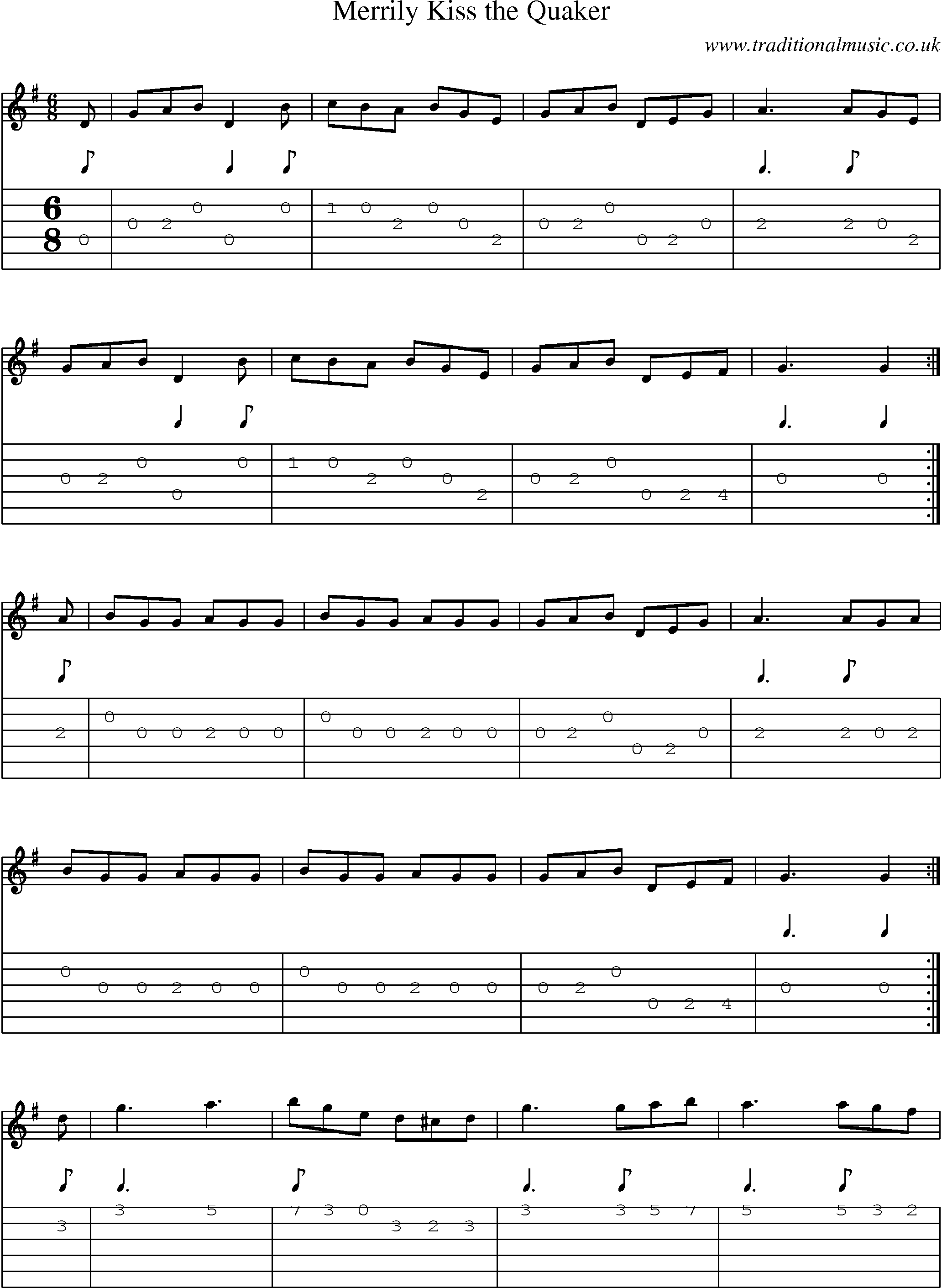Music Score and Guitar Tabs for Merrily Kiss Quaker