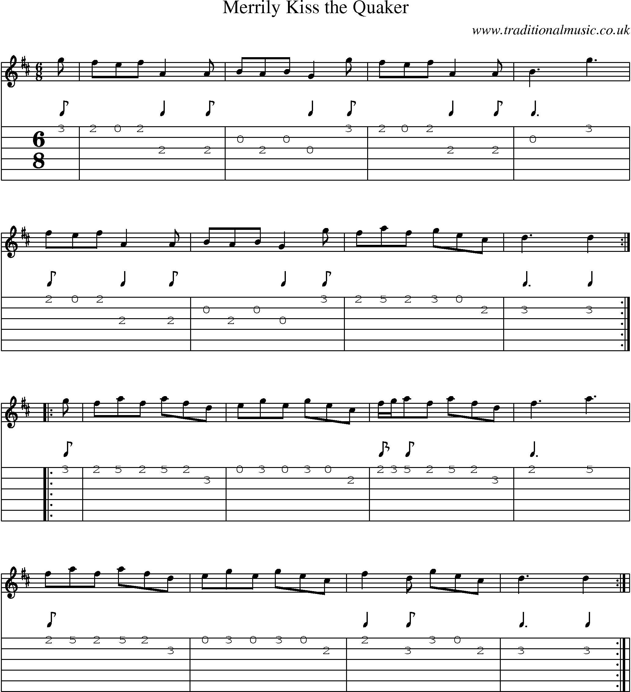 Music Score and Guitar Tabs for Merrily Kiss Quaker 