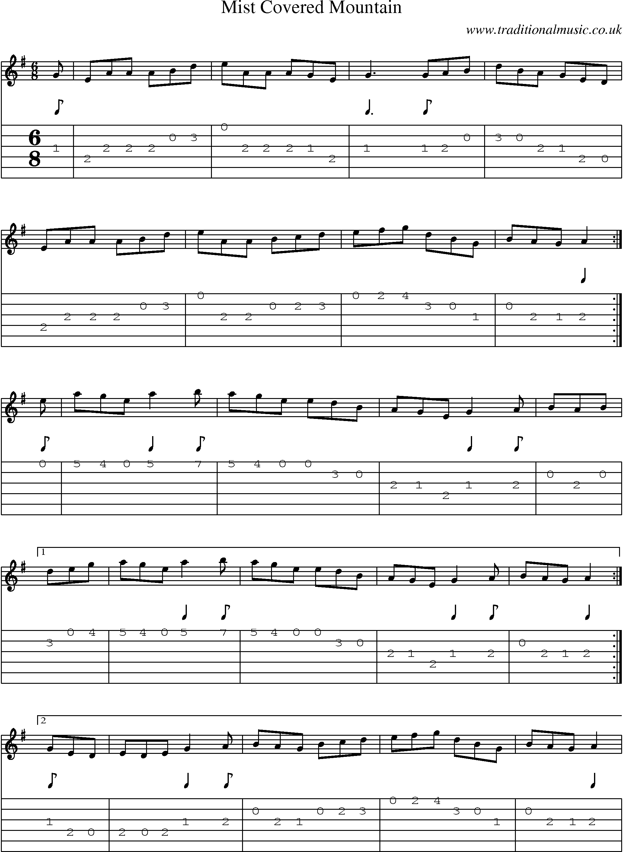 Music Score and Guitar Tabs for Mist Covered Mountain