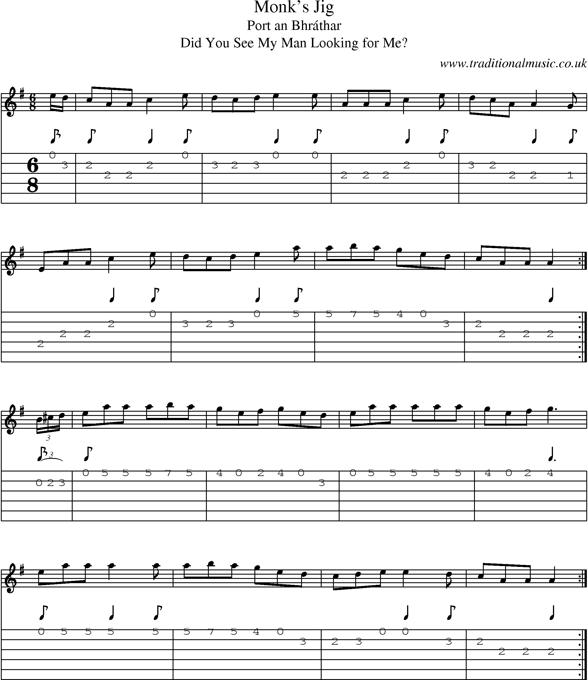 Music Score and Guitar Tabs for Monks Jig