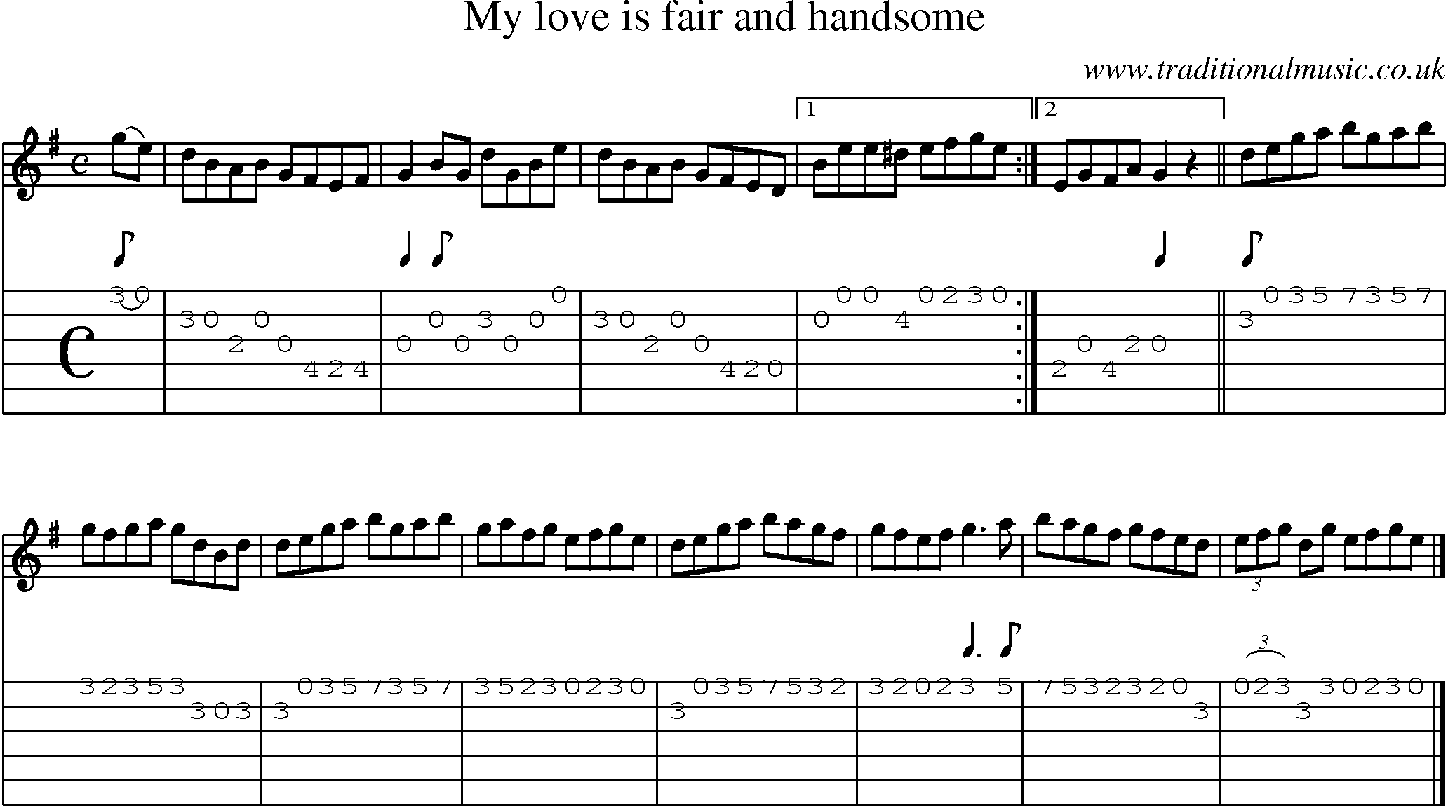 Music Score and Guitar Tabs for My Love Is Fair And Handsome