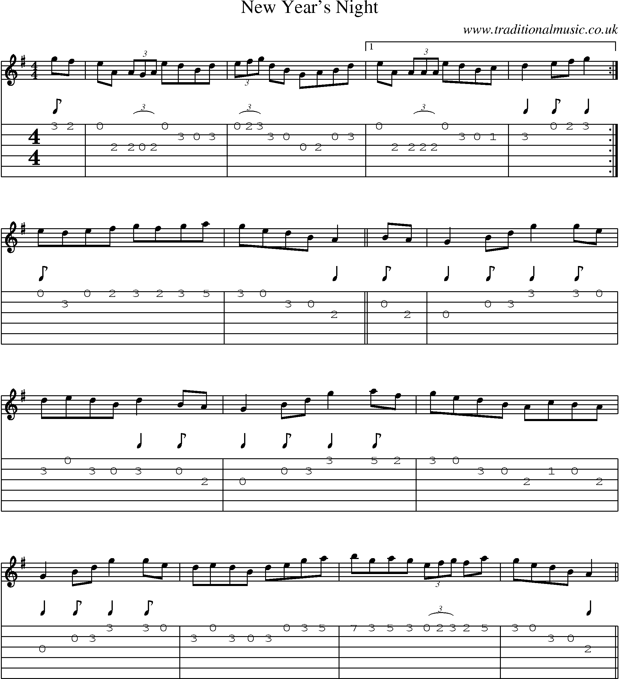 Music Score and Guitar Tabs for New Years Night
