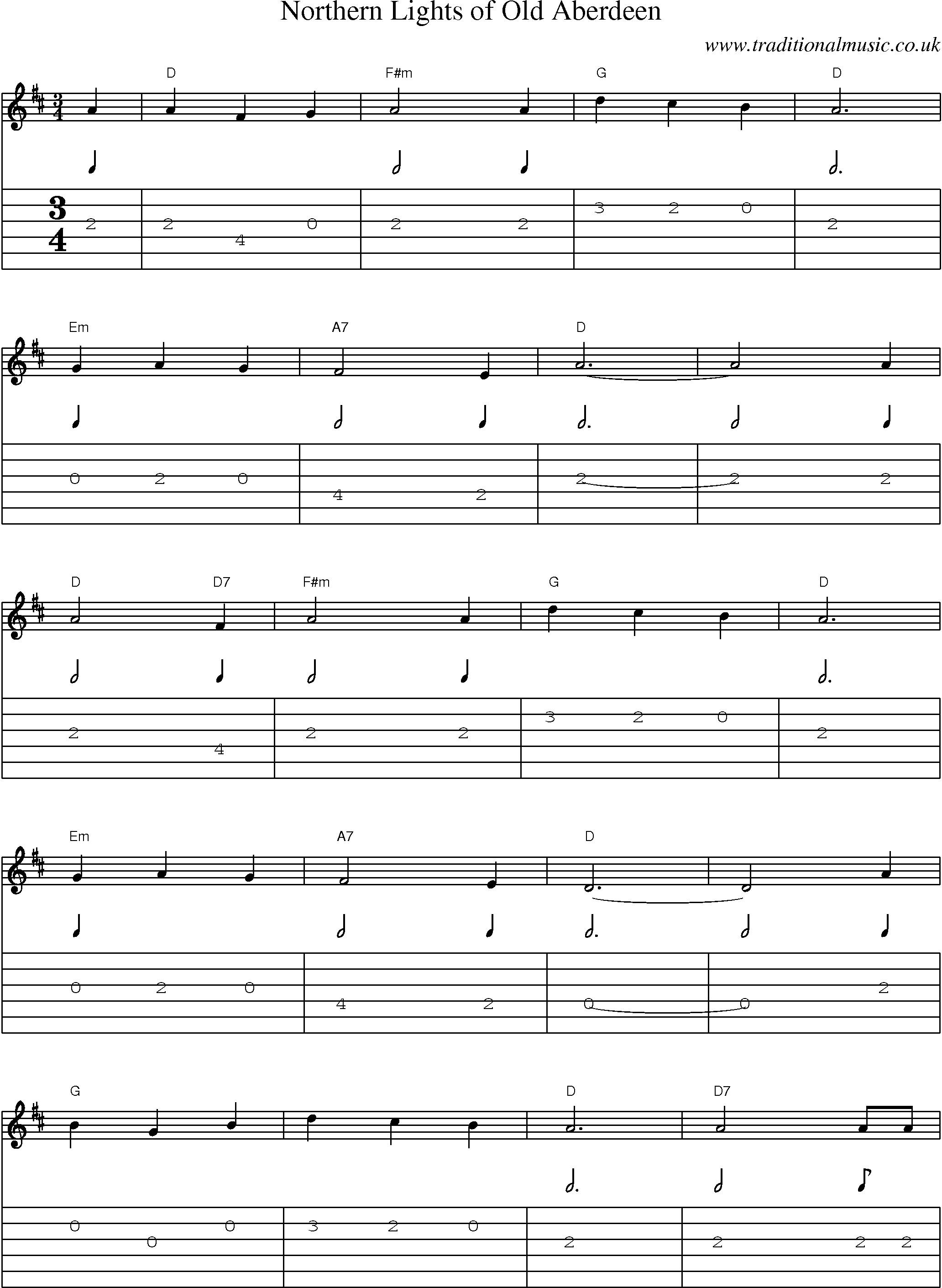 Music Score and Guitar Tabs for Northern Lights Of Old Aberdeen