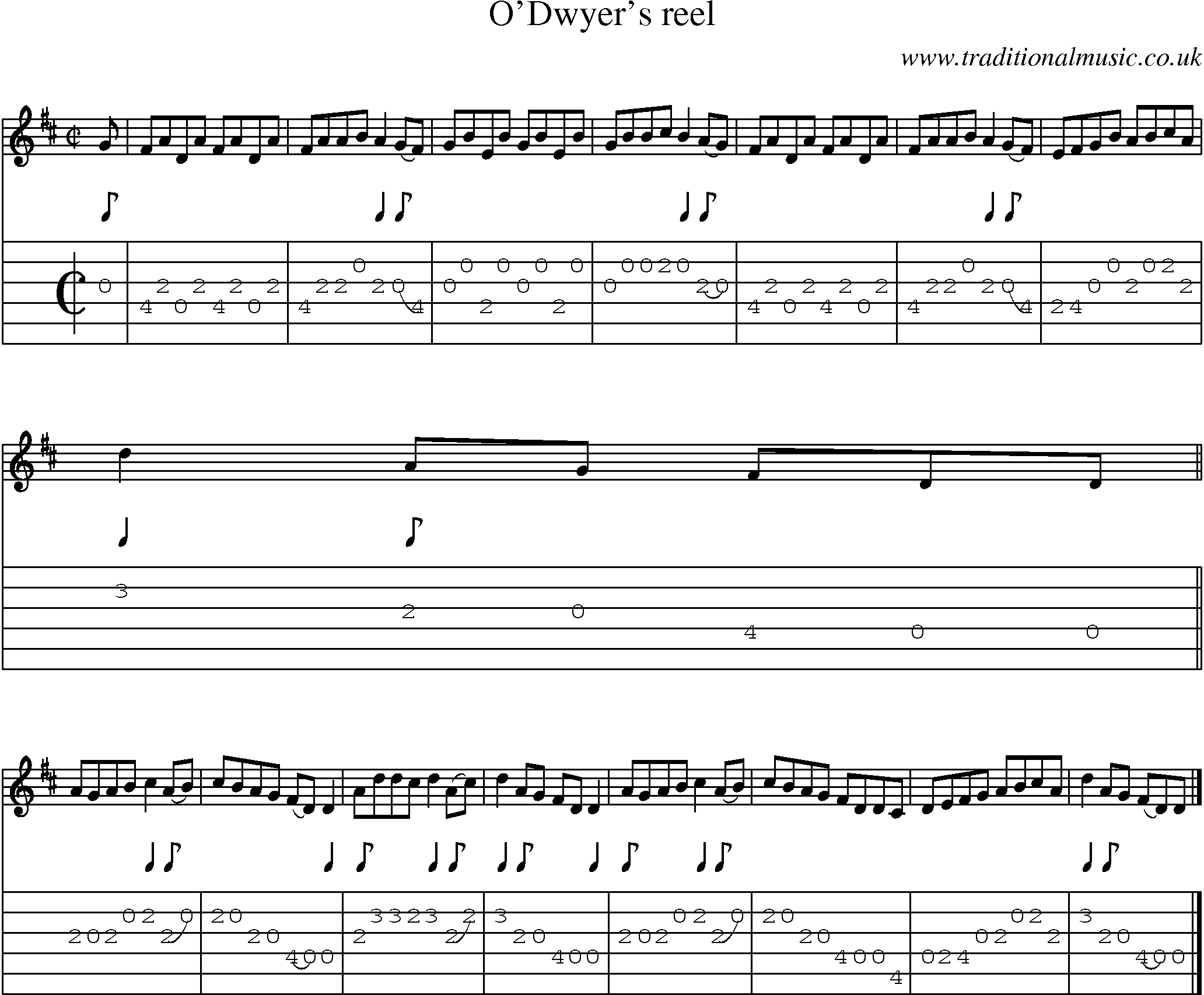 Music Score and Guitar Tabs for O Dwyers Reel