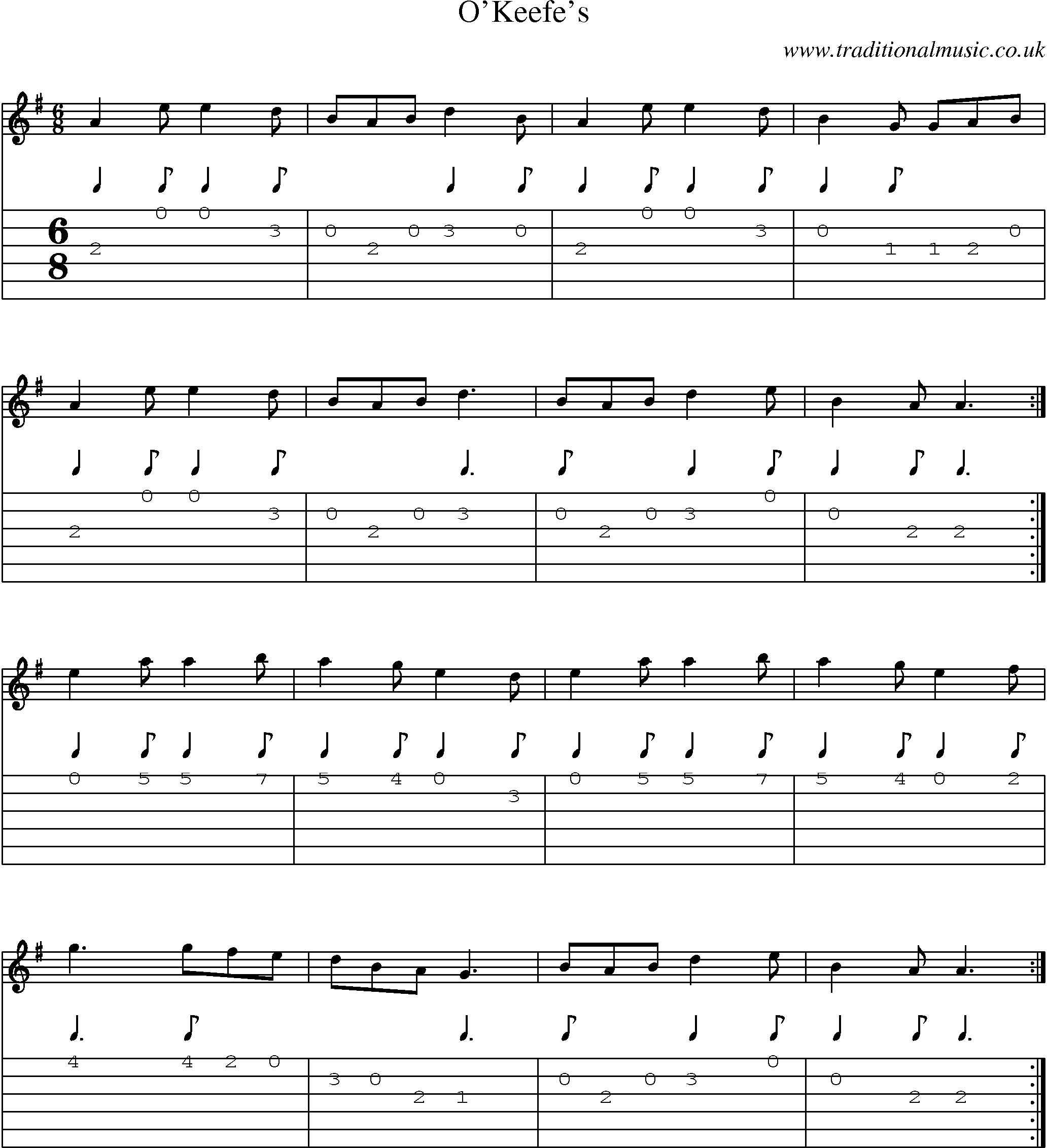Music Score and Guitar Tabs for Okeefes