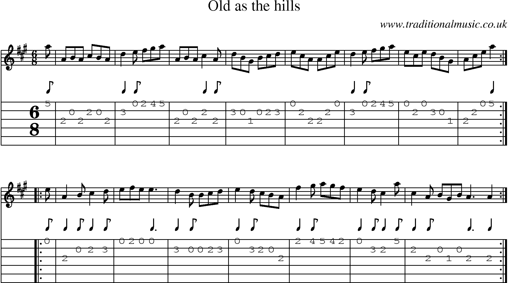 Music Score and Guitar Tabs for Old As The Hills