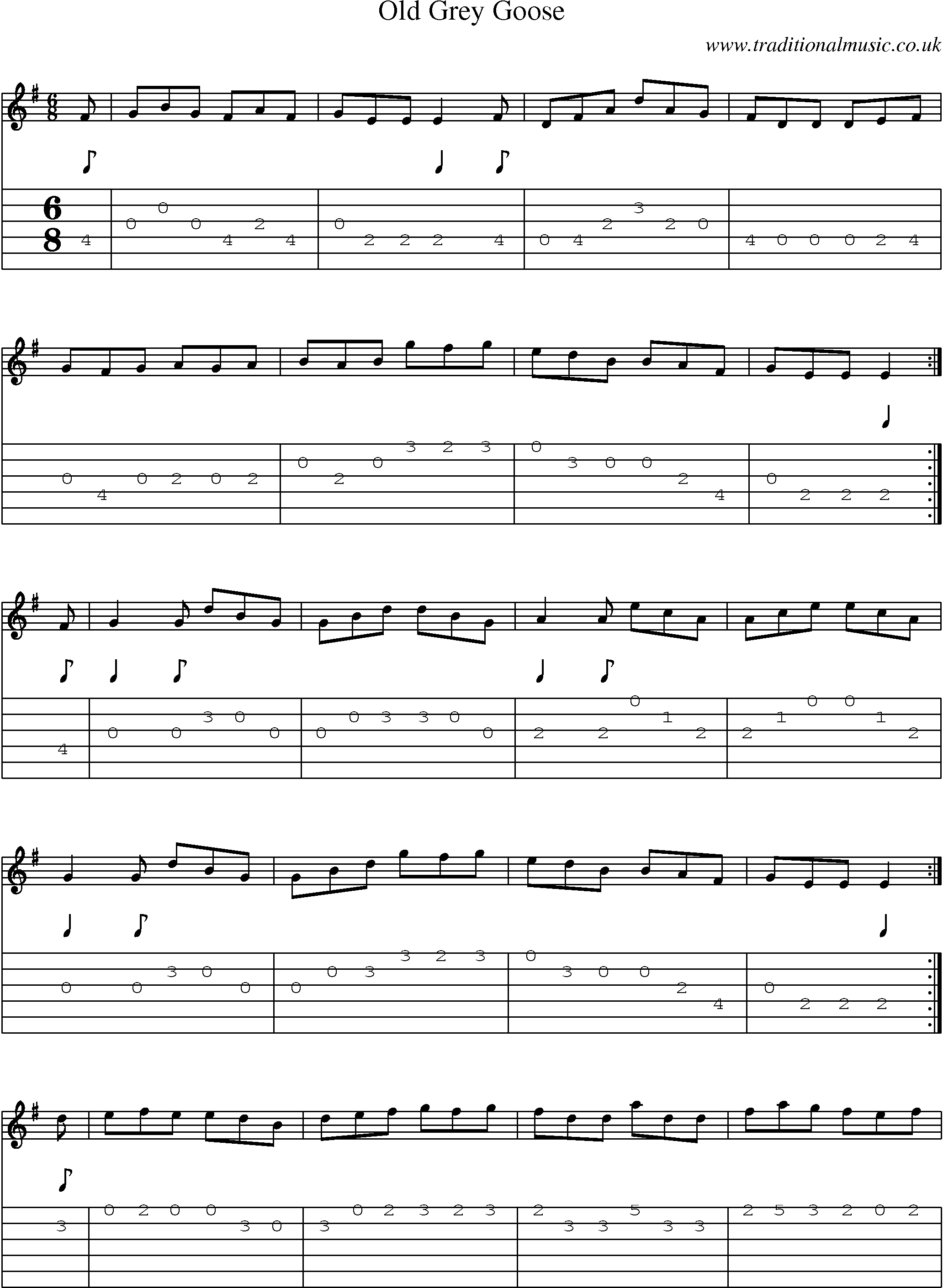 Music Score and Guitar Tabs for Old Grey Goose