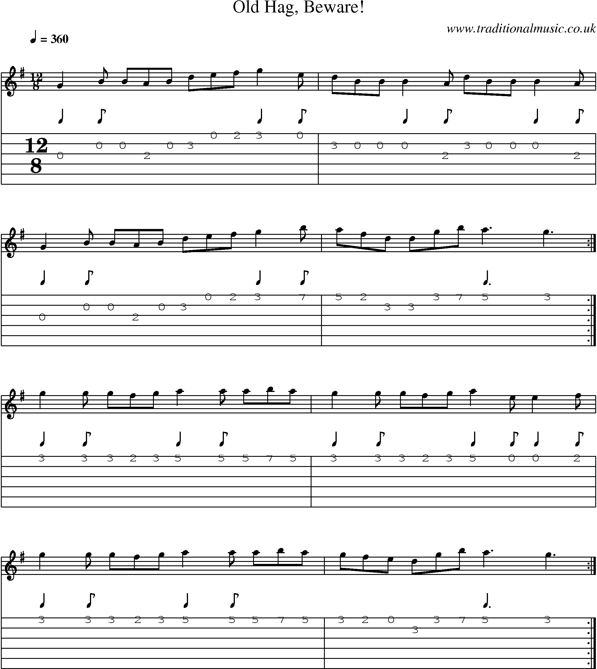 Music Score and Guitar Tabs for Old Hag Beware!