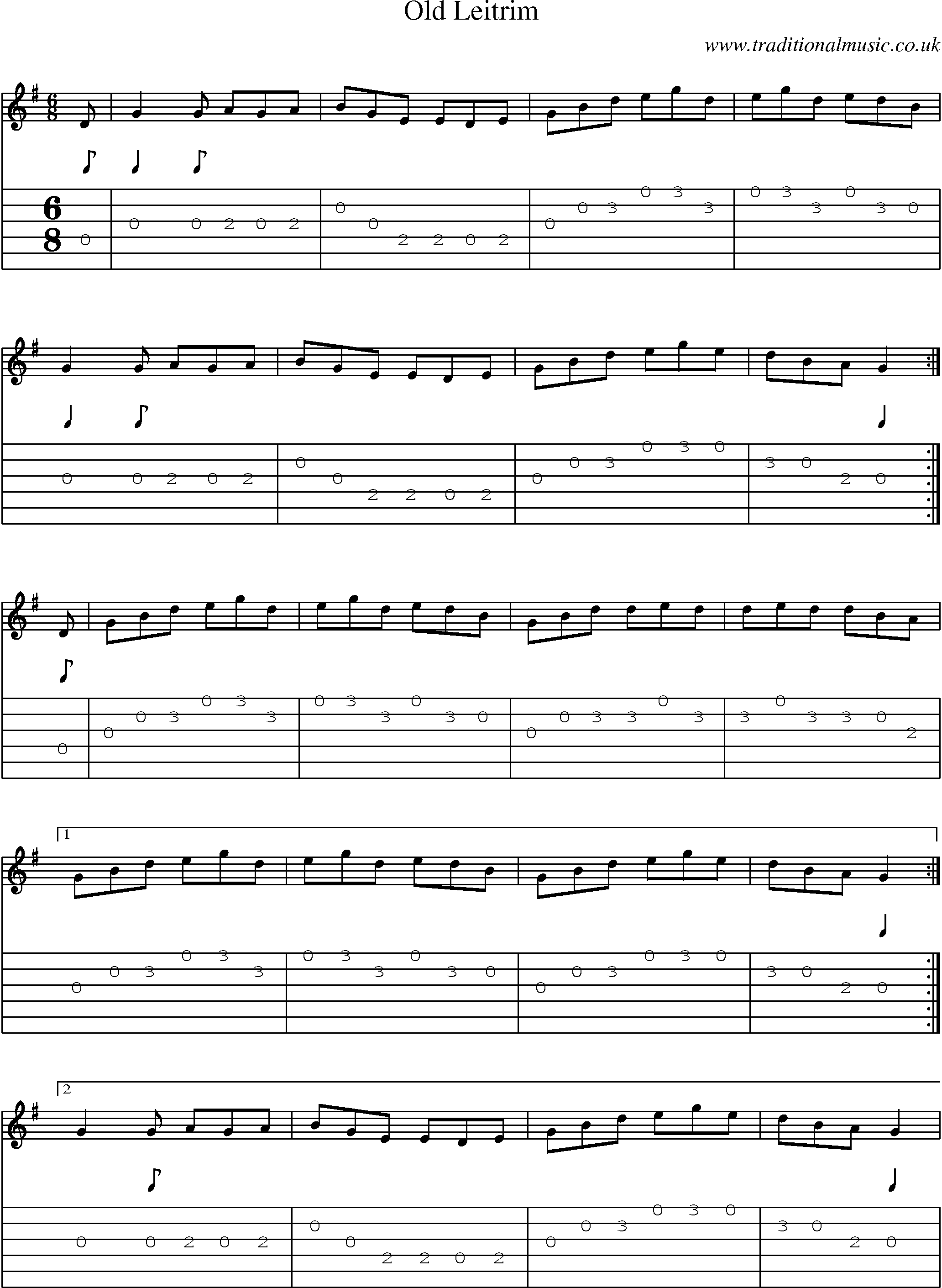 Music Score and Guitar Tabs for Old Leitrim