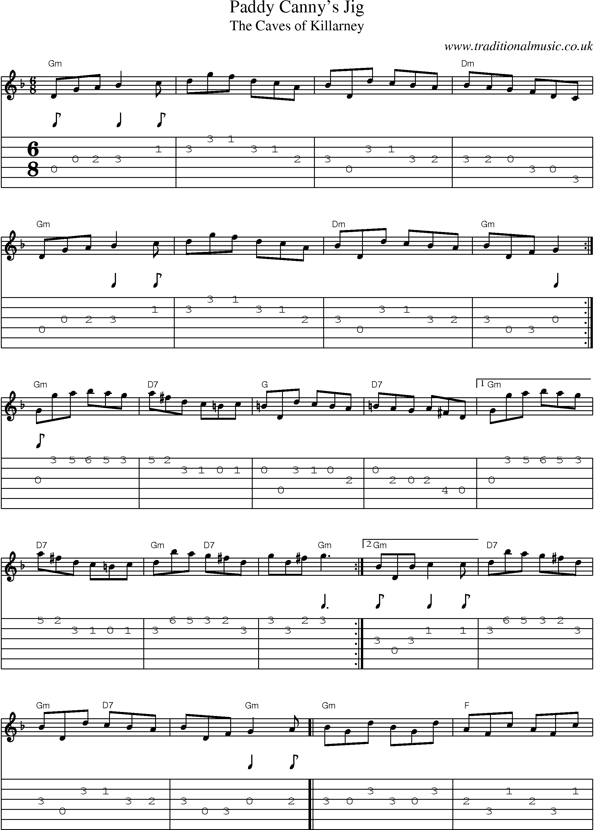 Music Score and Guitar Tabs for Paddy Cannys Jig