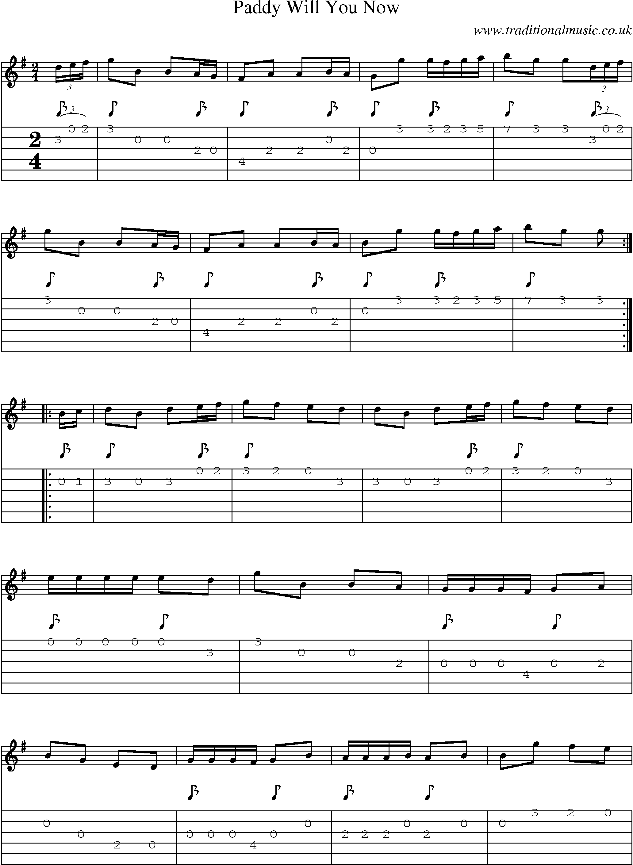 Music Score and Guitar Tabs for Paddy Will You Now