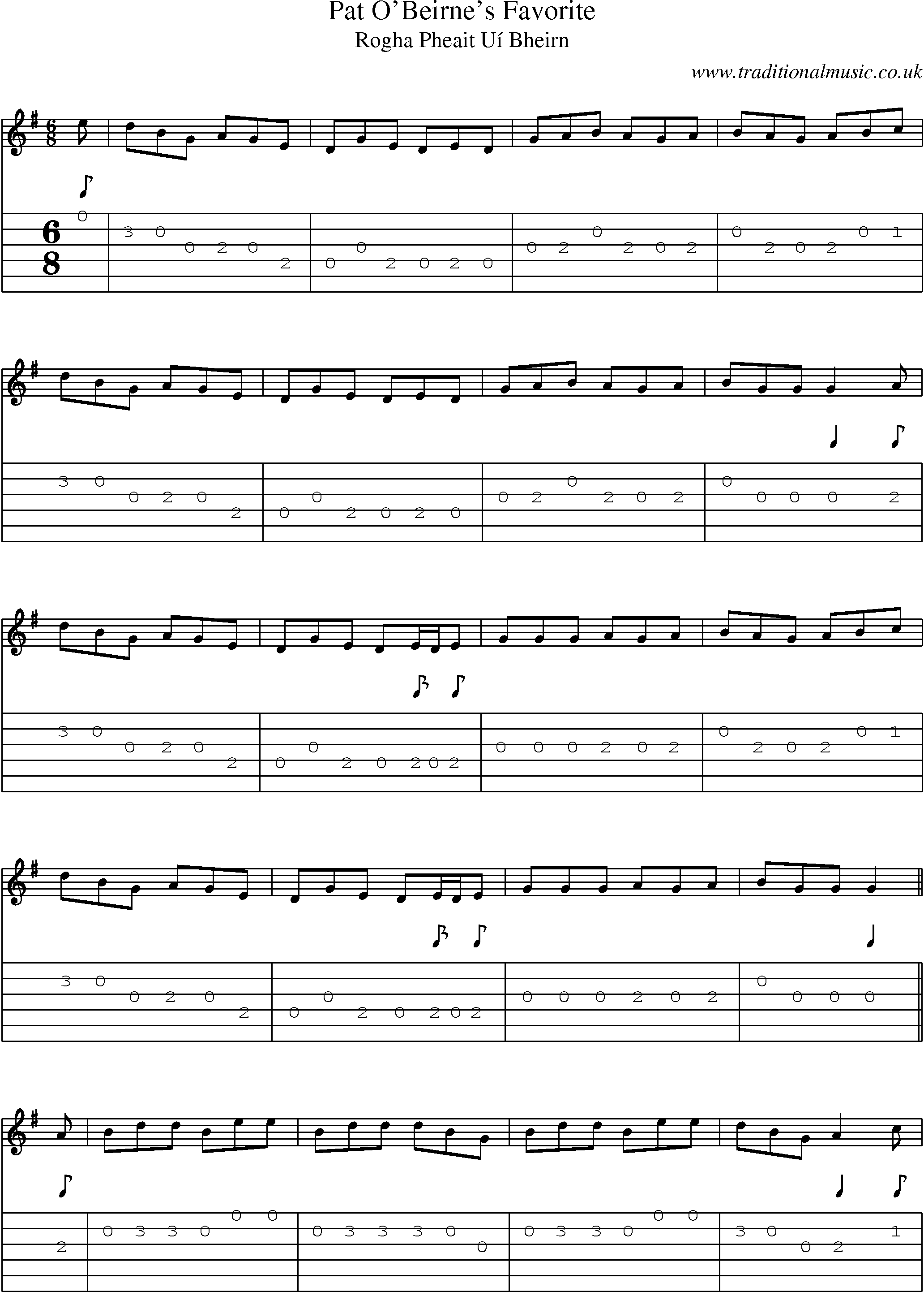 Music Score and Guitar Tabs for Pat Obeirnes Favorite