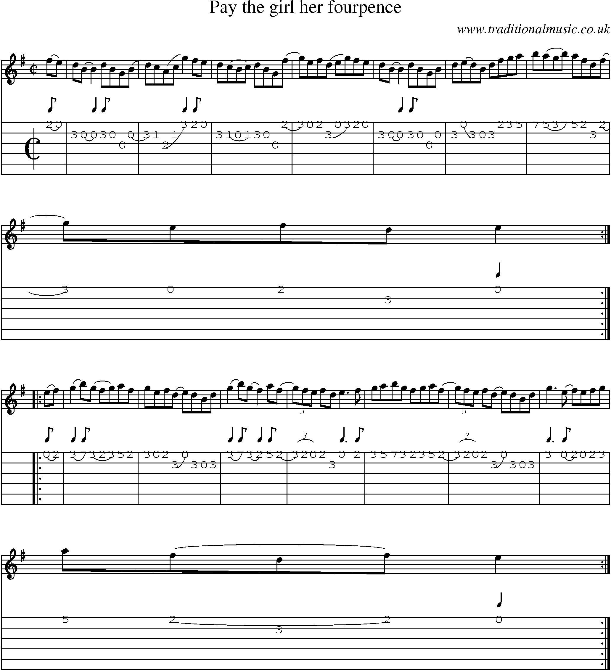 Music Score and Guitar Tabs for Pay The Girl Her Fourpence