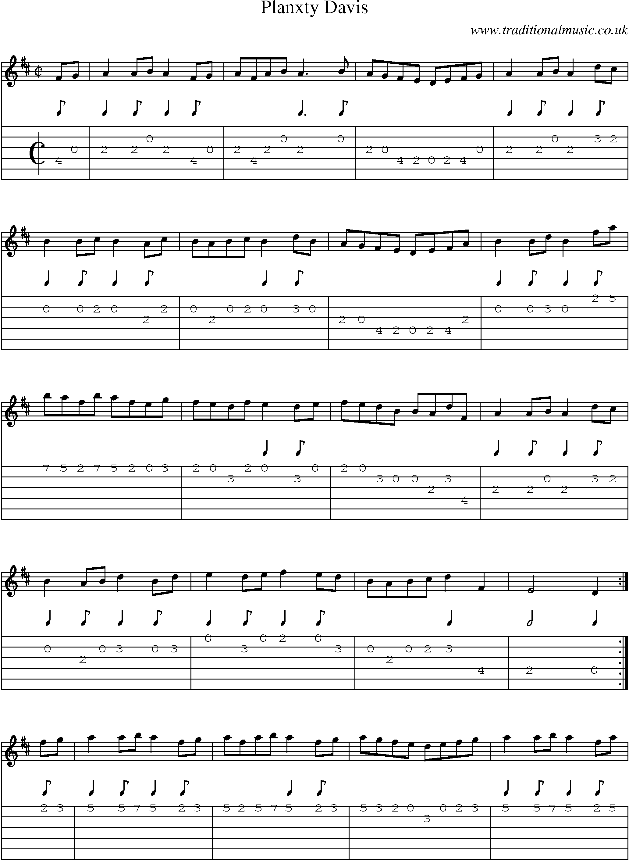 Music Score and Guitar Tabs for Planxty Davis