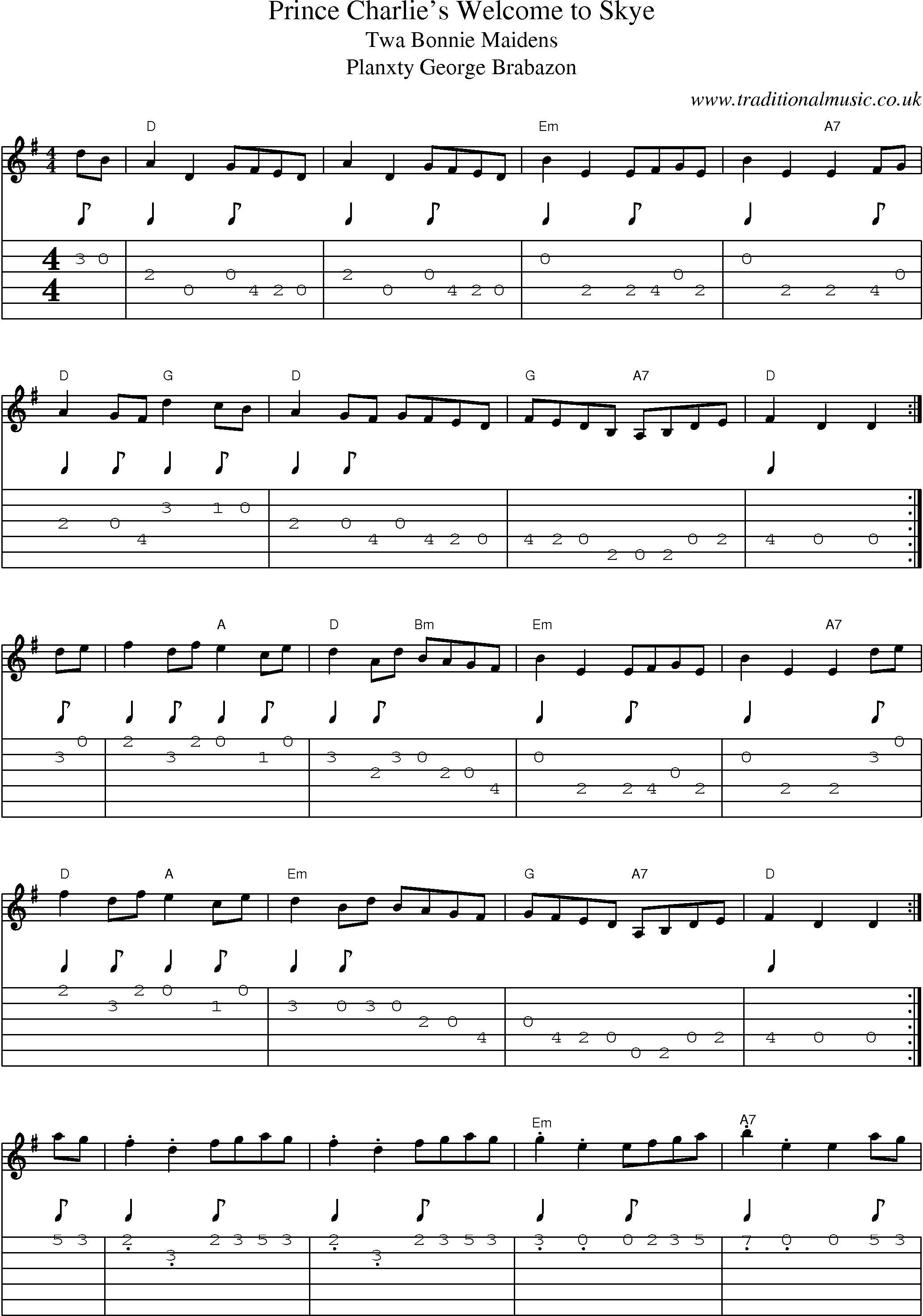Music Score and Guitar Tabs for Prince Charlies Welcome To Skye