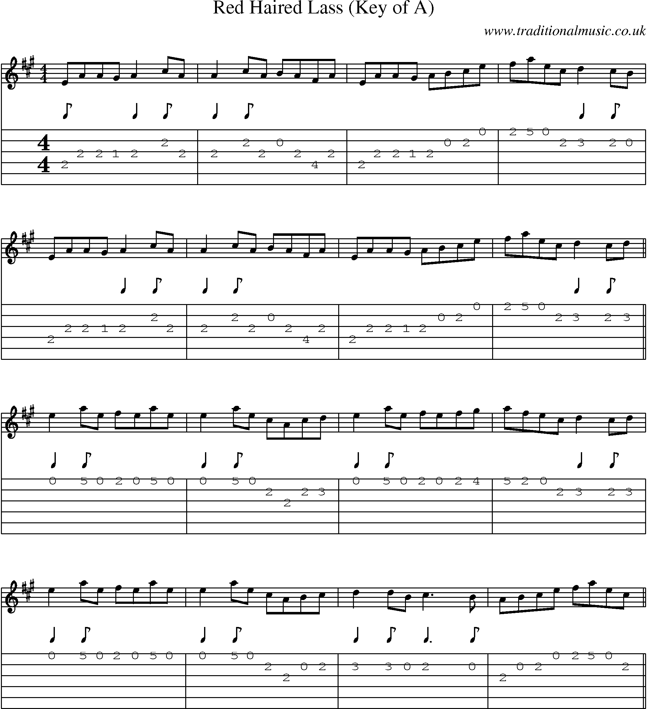 Music Score and Guitar Tabs for Red Haired Lass (key Of A)