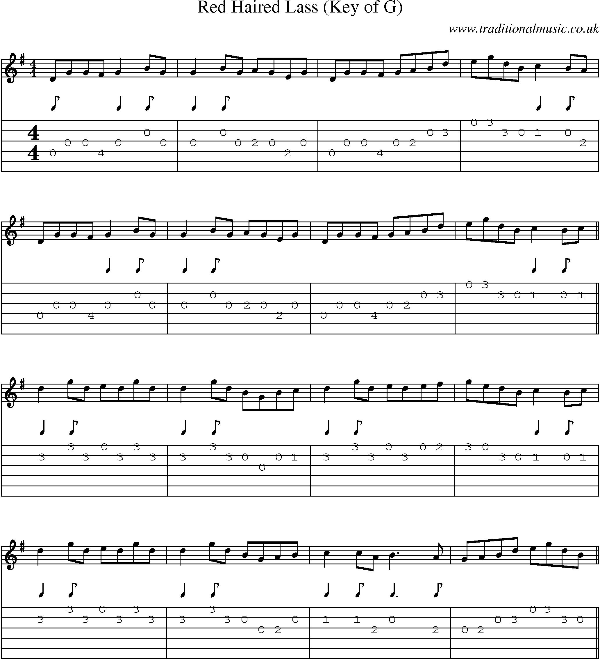Music Score and Guitar Tabs for Red Haired Lass (key Of G)