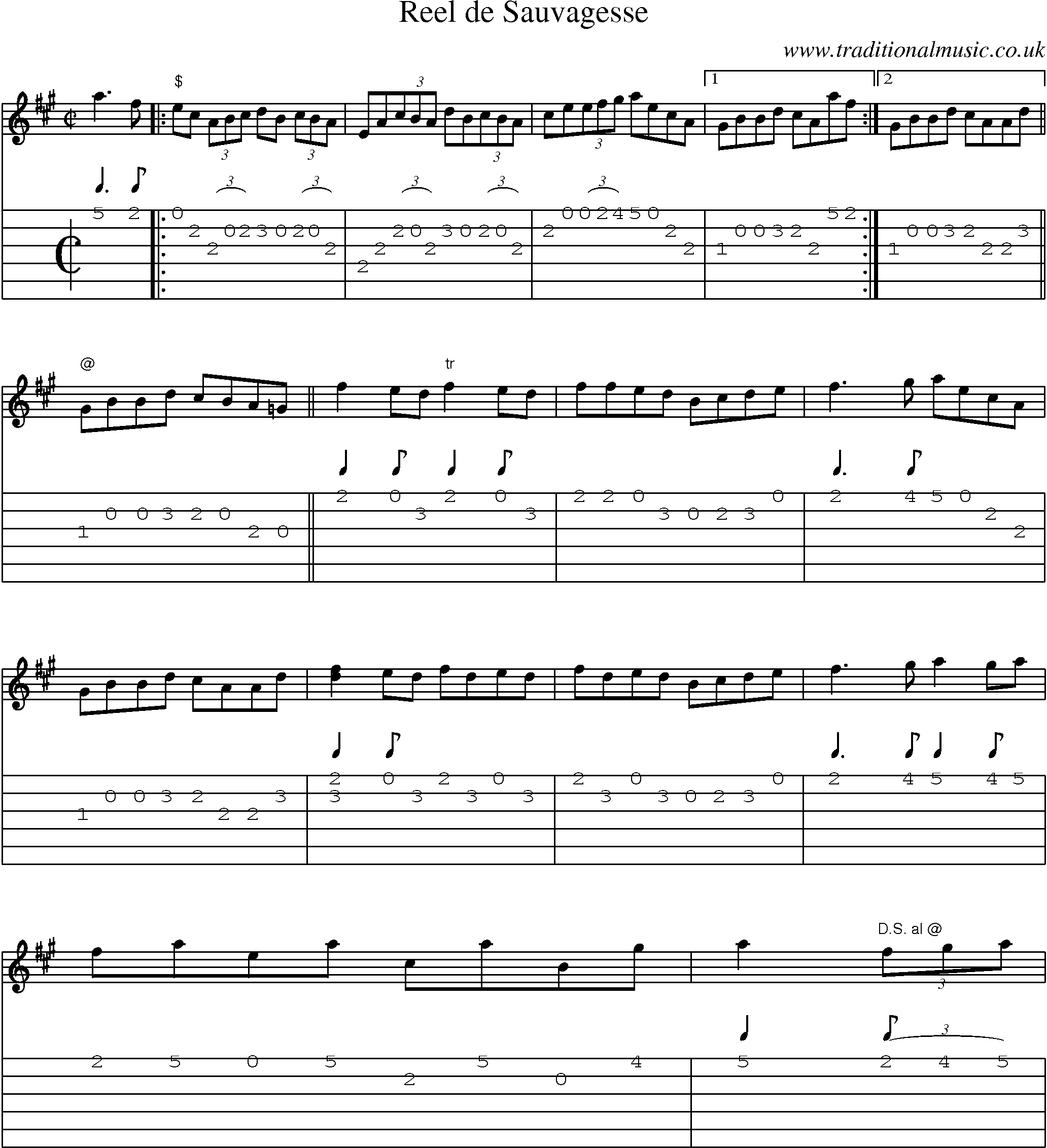 Music Score and Guitar Tabs for Reel De Sauvagesse