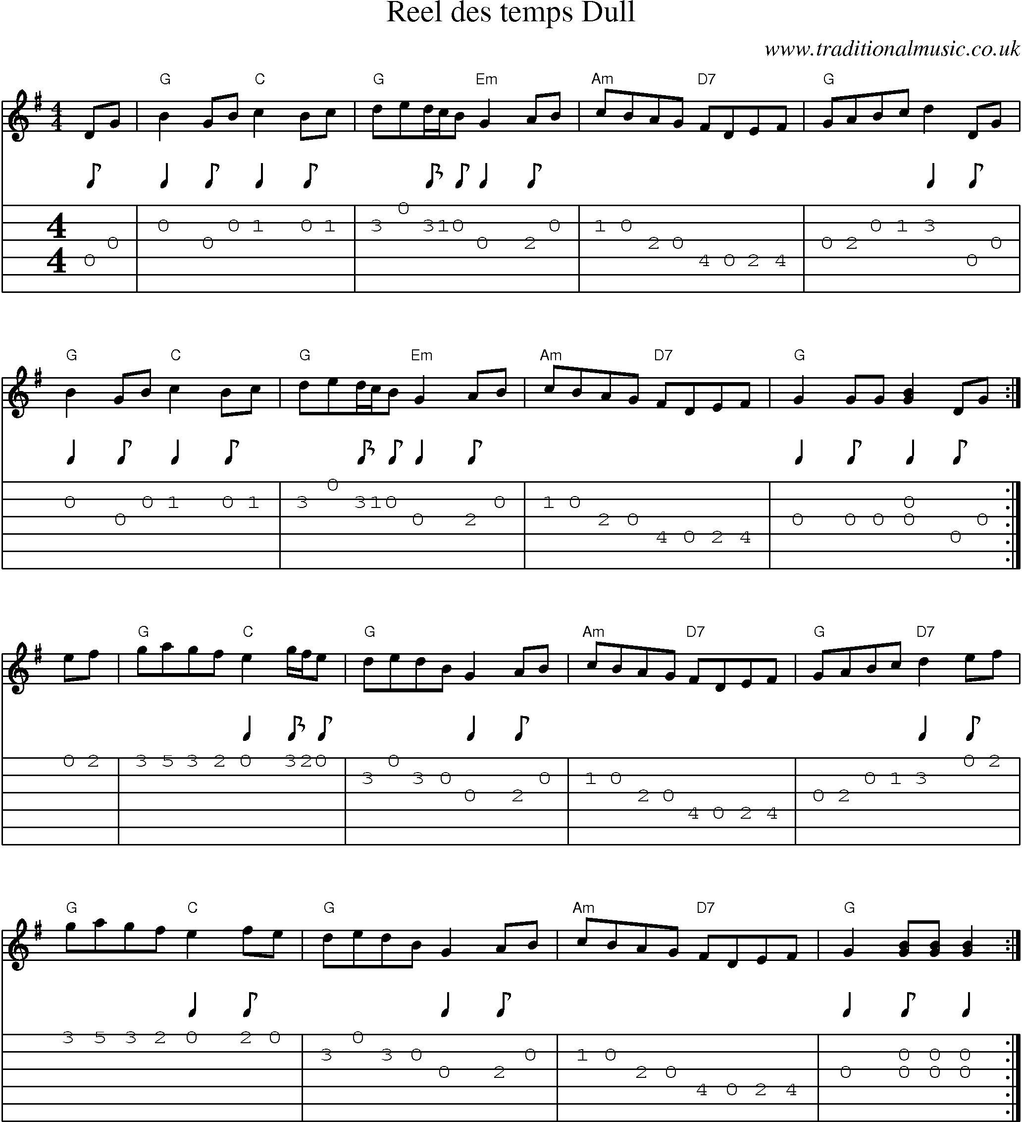 Music Score and Guitar Tabs for Reel Des Temps Dull