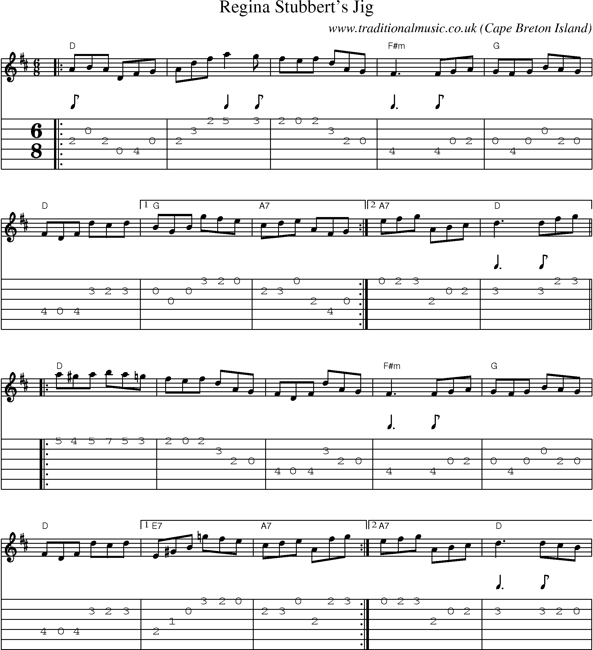 Music Score and Guitar Tabs for Regina Stubberts Jig