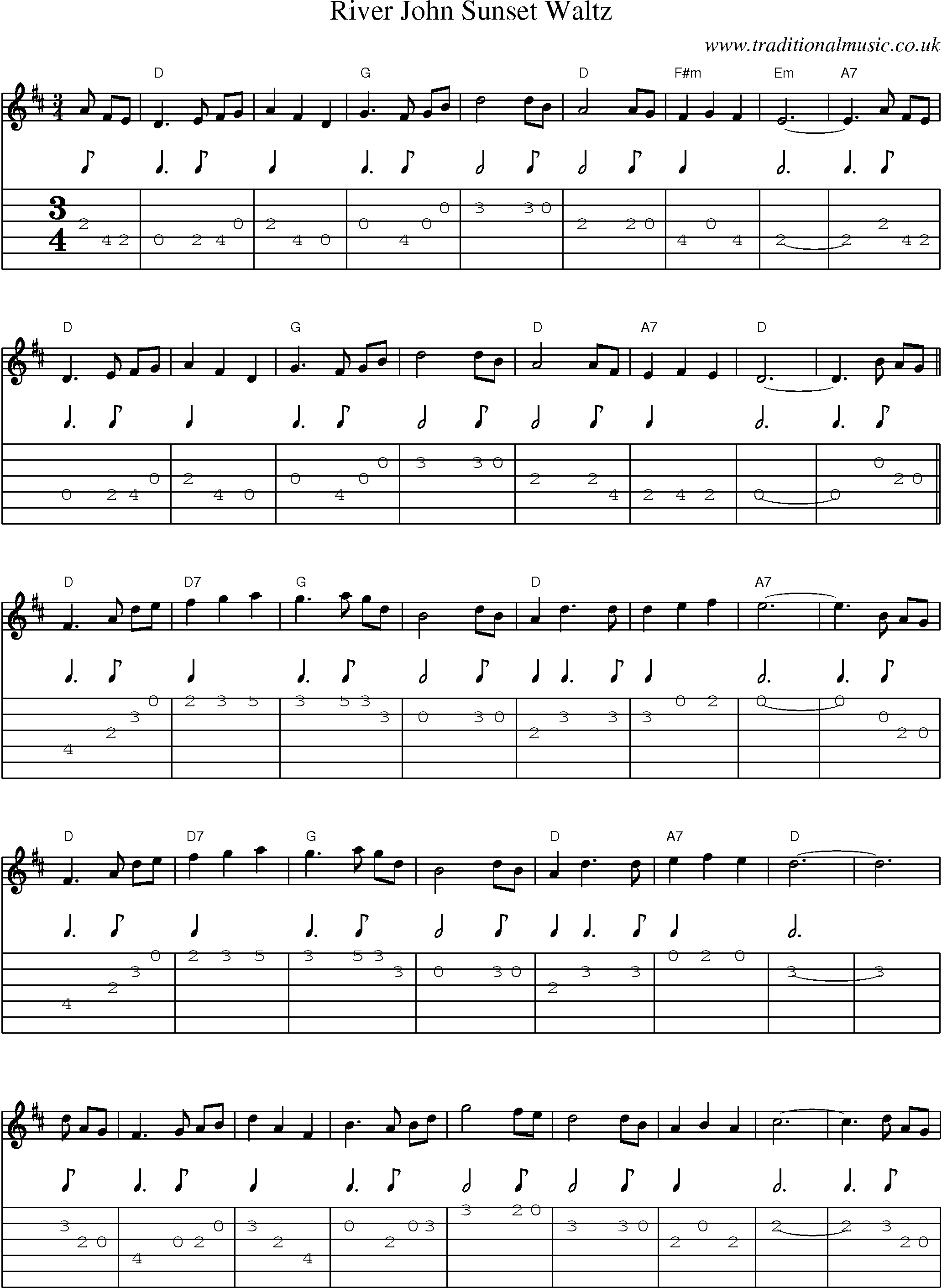 Music Score and Guitar Tabs for River John Sunset Waltz