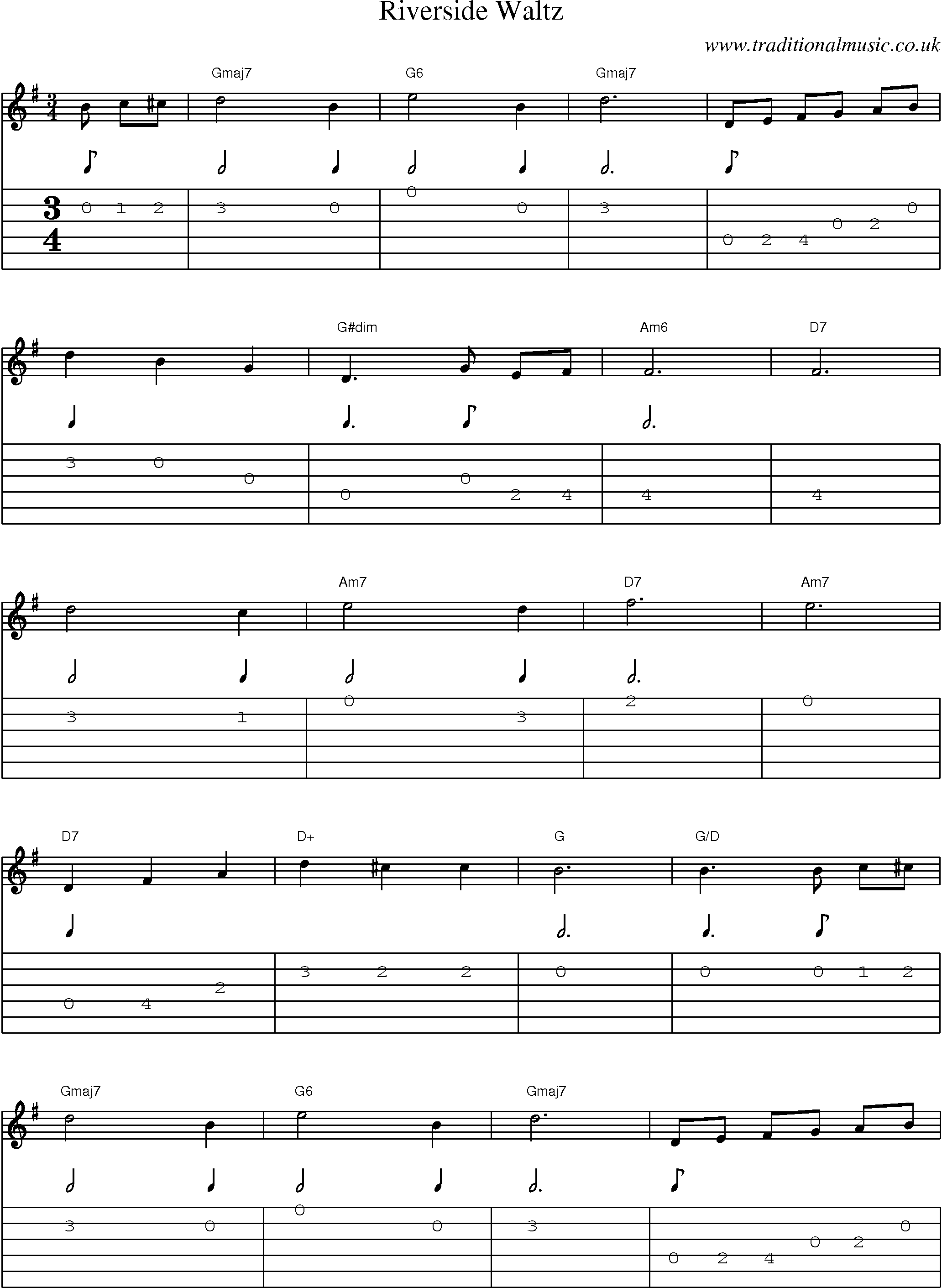 Music Score and Guitar Tabs for Riverside Waltz