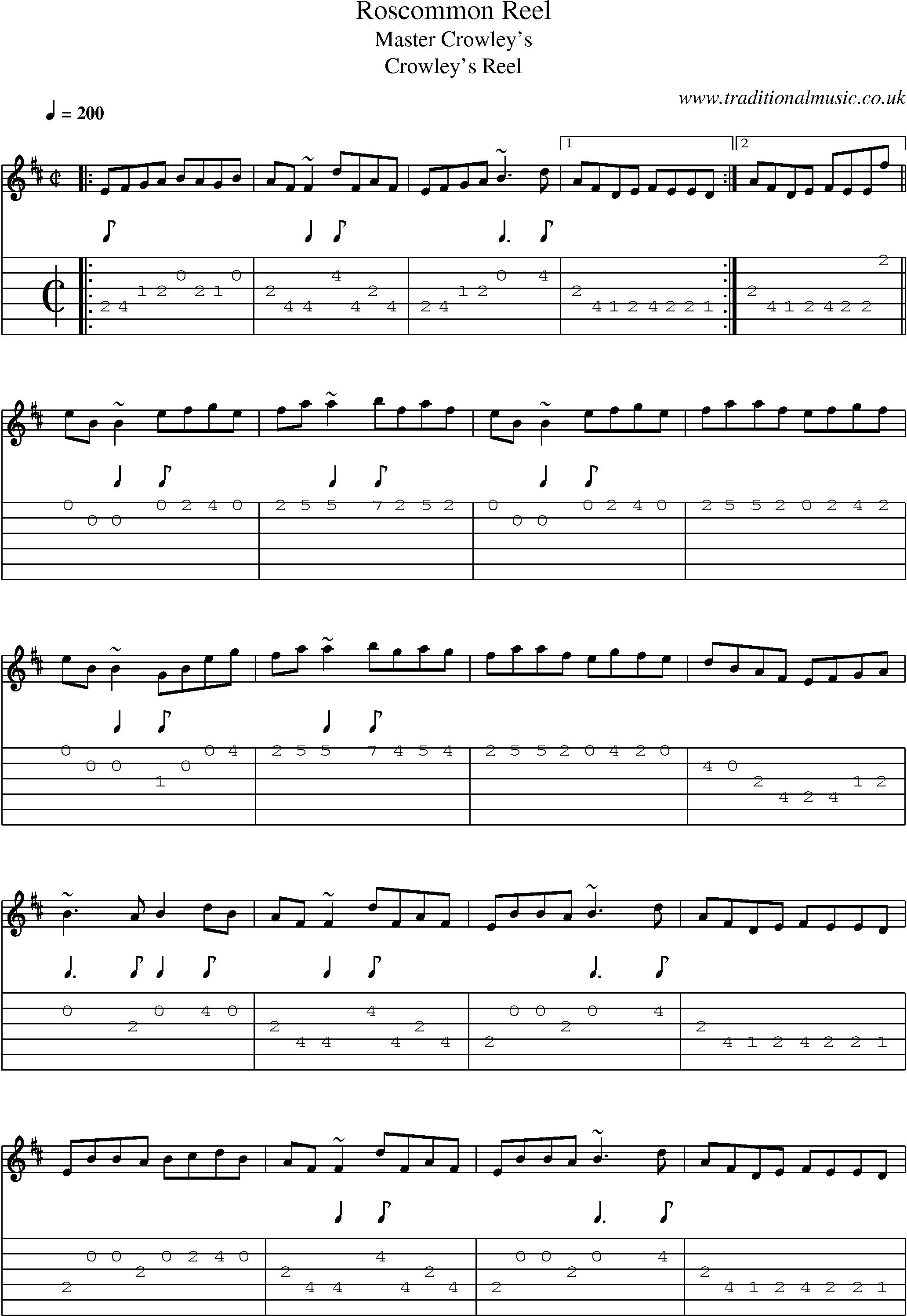 Music Score and Guitar Tabs for Roscommon Reel