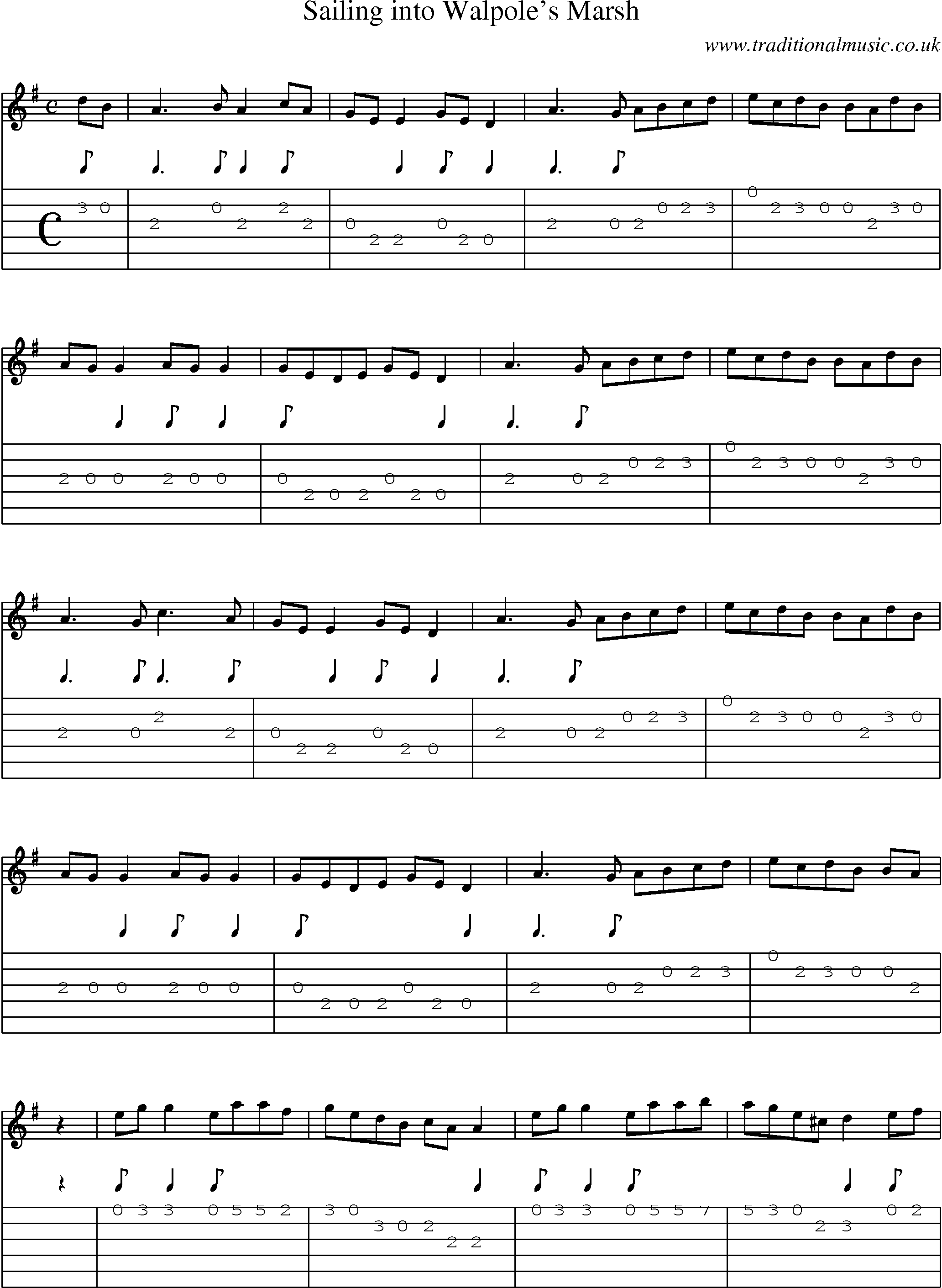 Music Score and Guitar Tabs for Sailing Into Walpoles Marsh