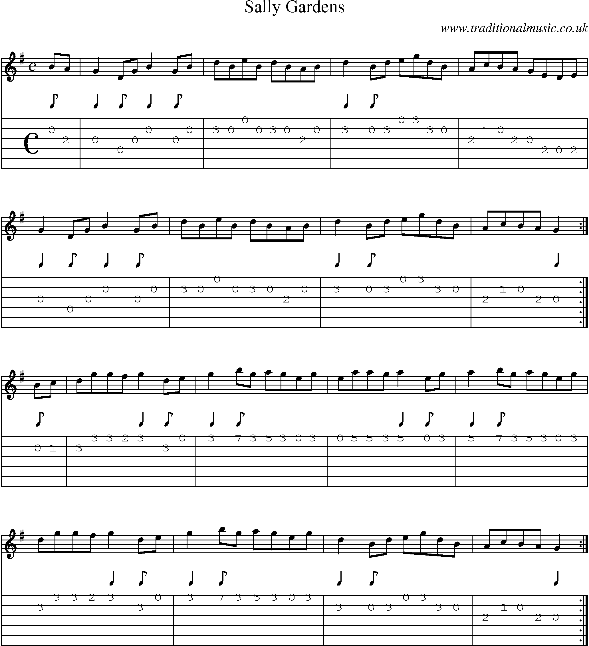 Music Score and Guitar Tabs for Sally Gardens