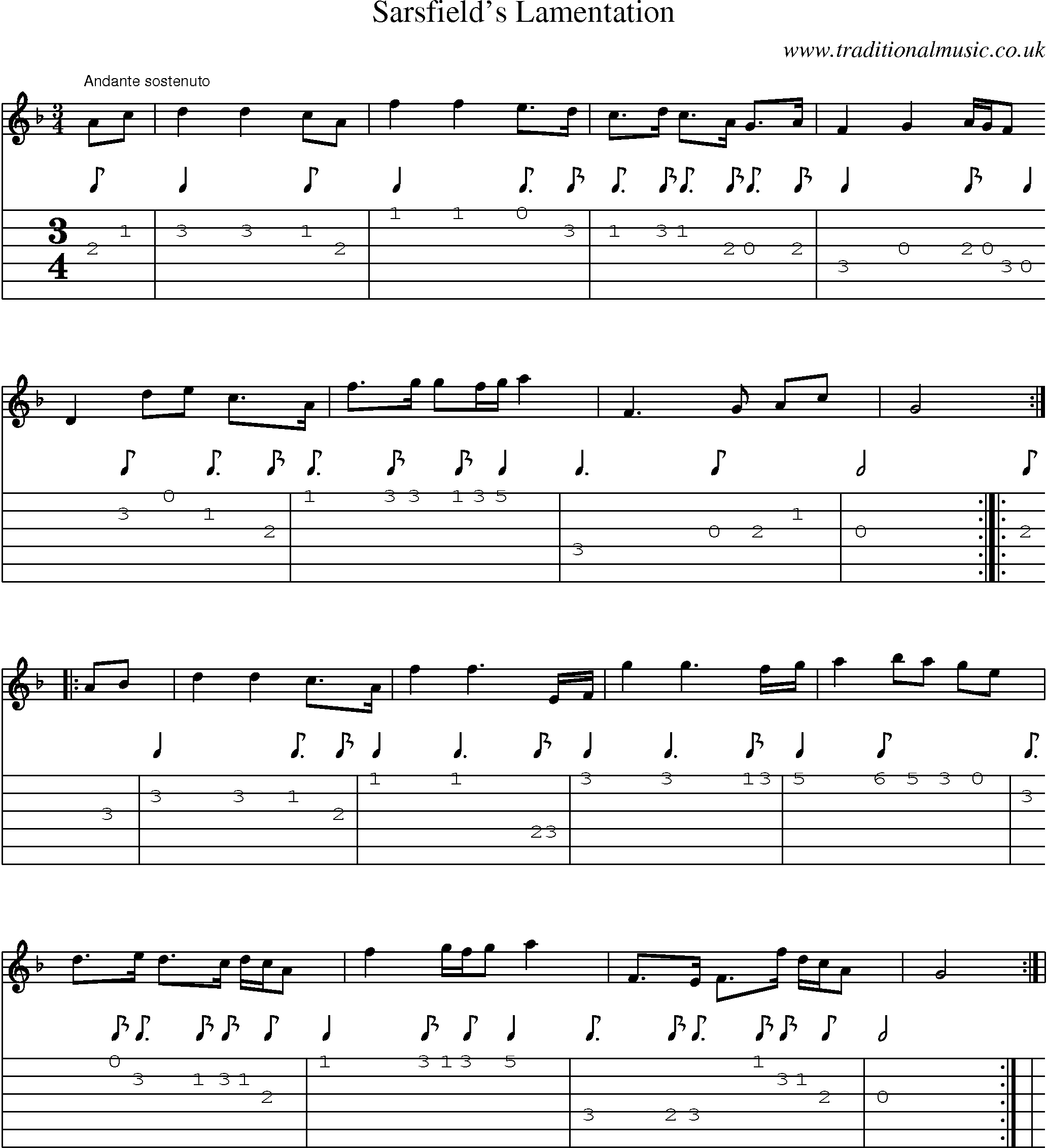 Music Score and Guitar Tabs for Sarsfields Lamentation