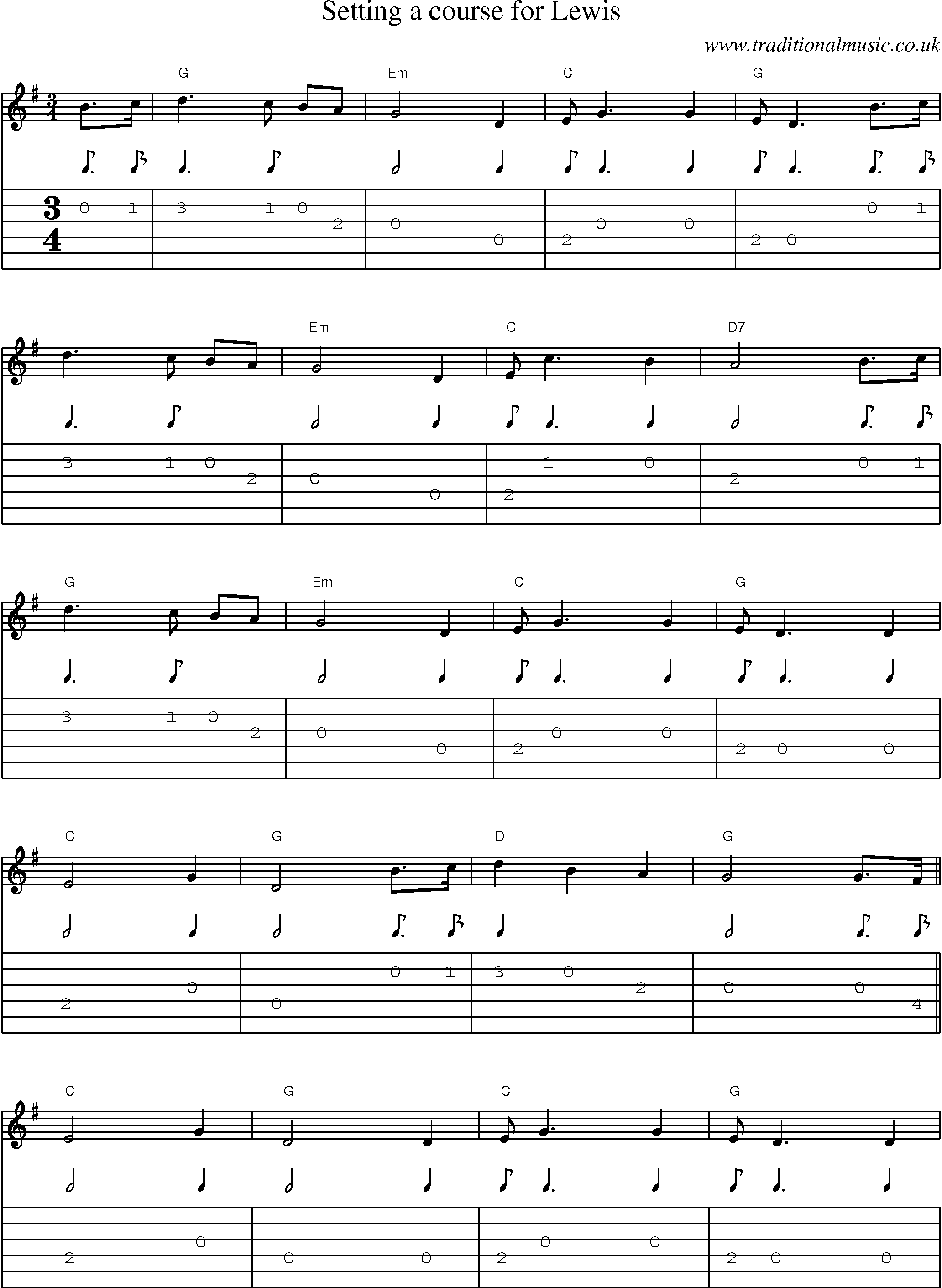 Music Score and Guitar Tabs for Setting A Course For Lewis