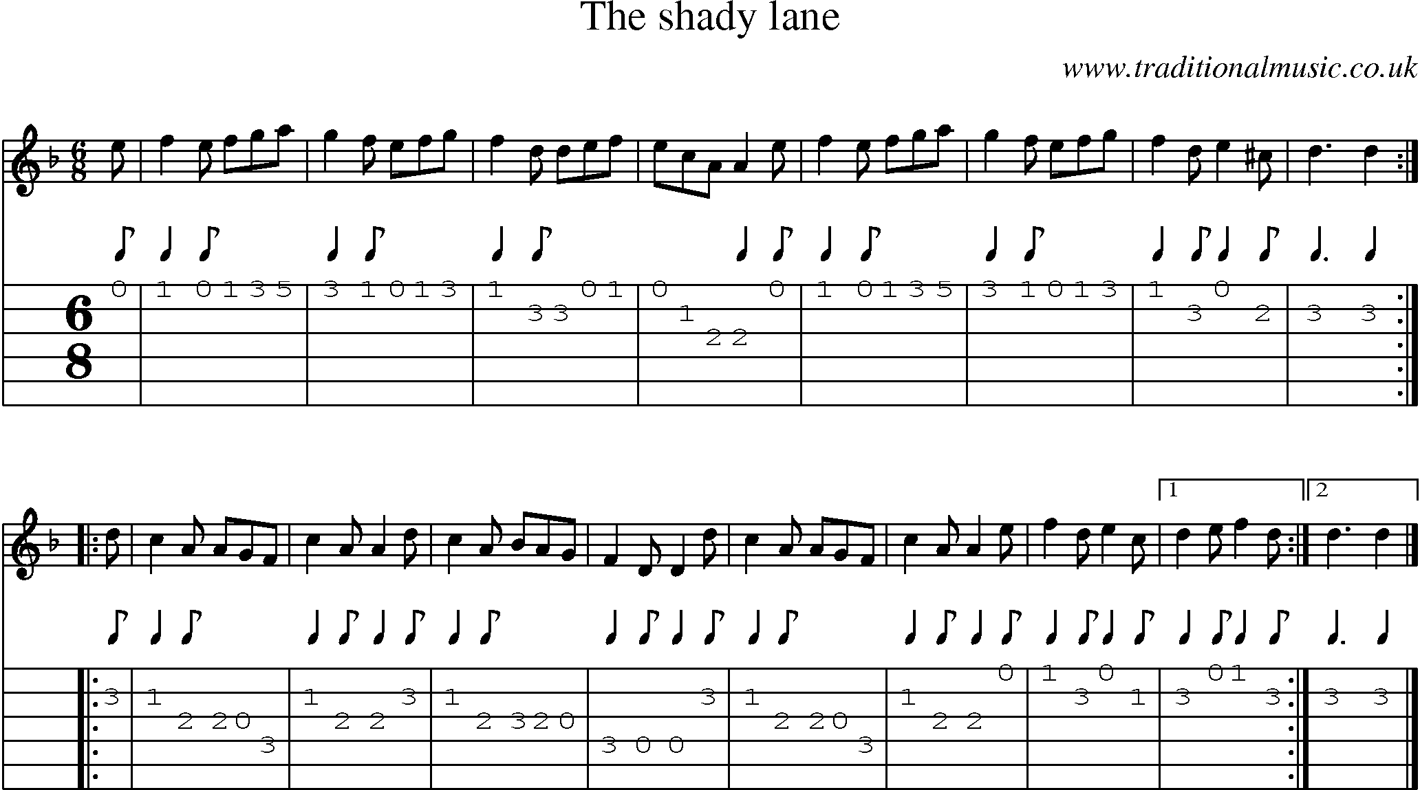 Music Score and Guitar Tabs for Shady Lane
