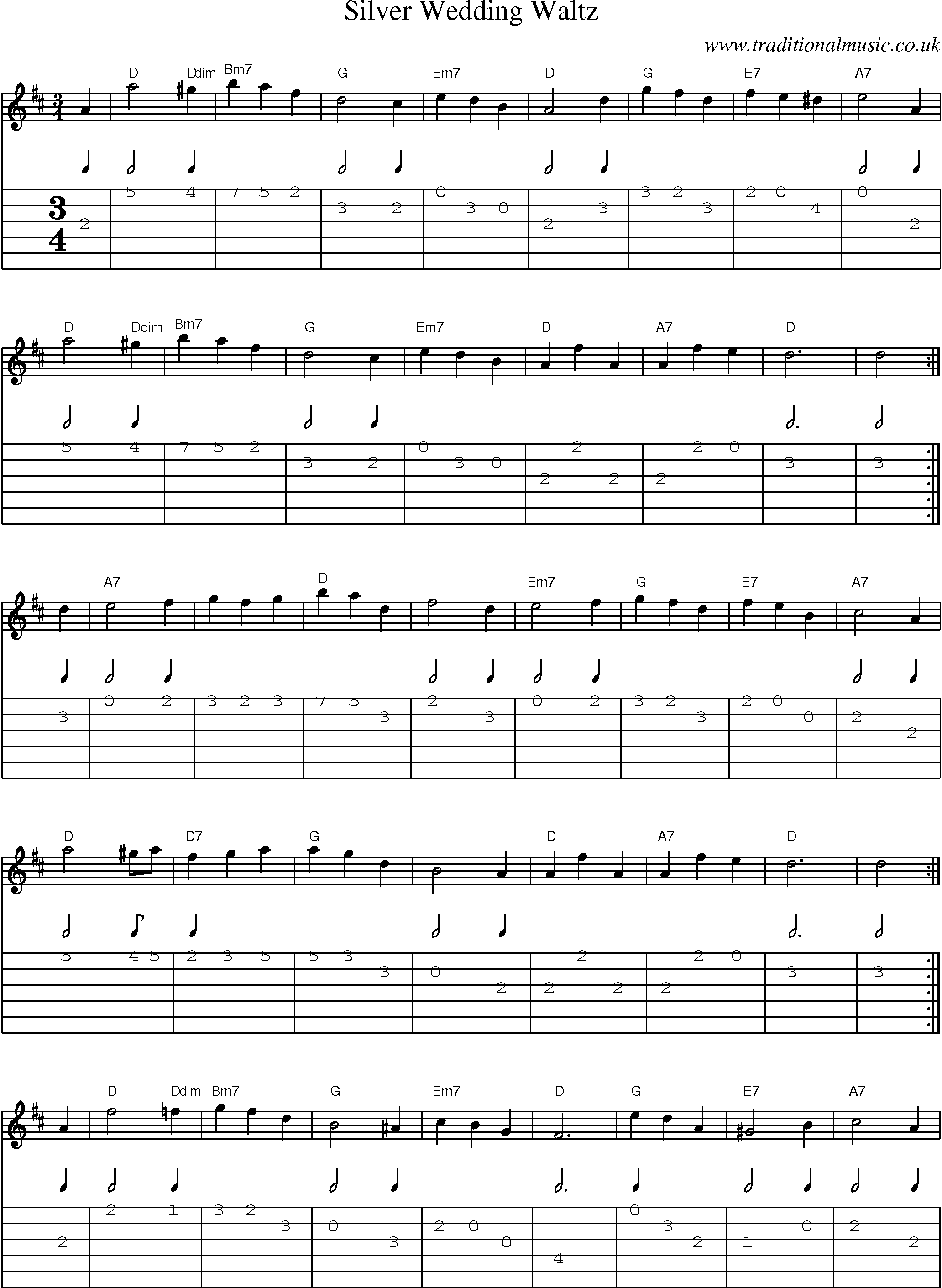 Music Score and Guitar Tabs for Silver Wedding Waltz
