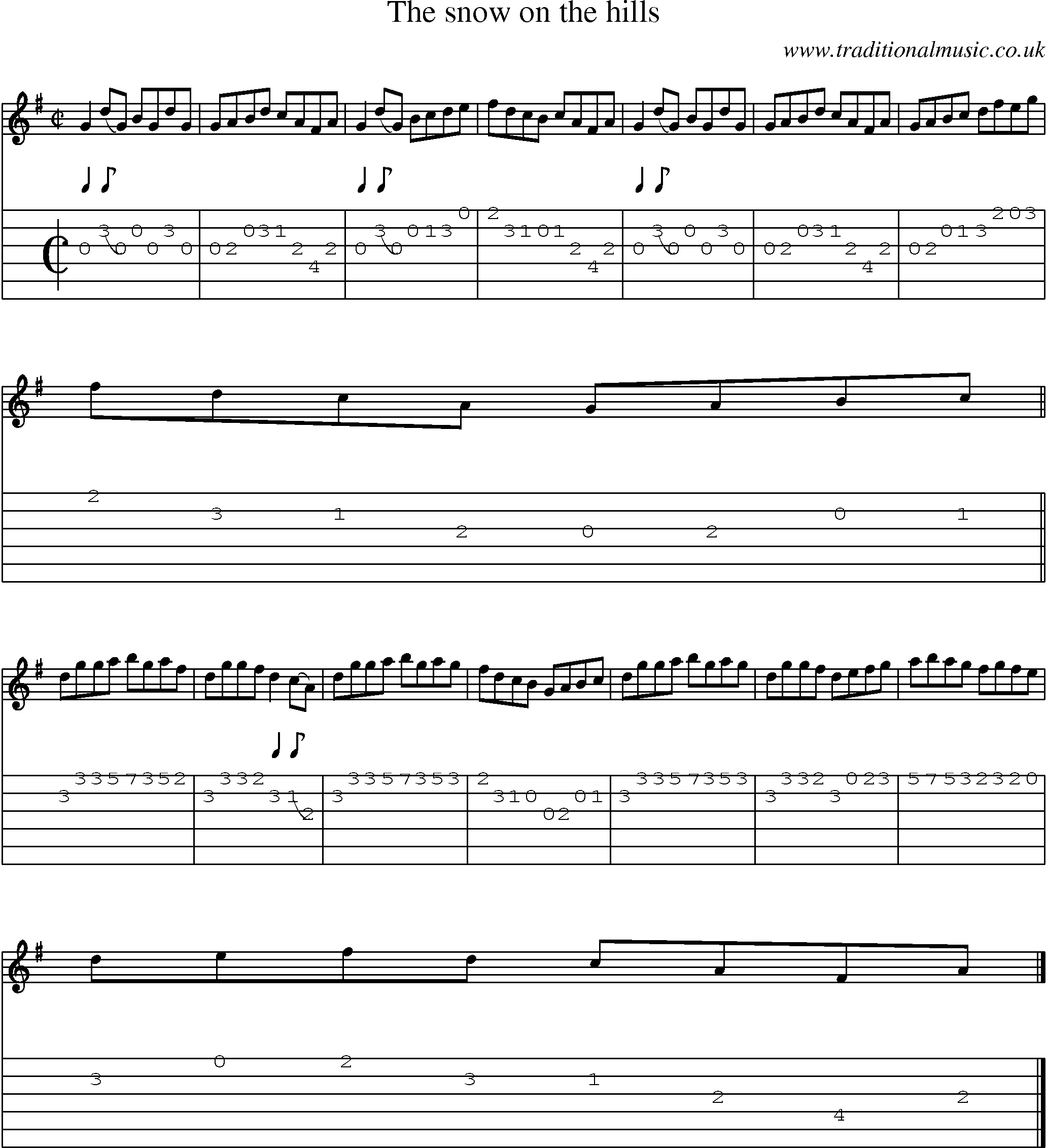 Music Score and Guitar Tabs for Snow On The Hills