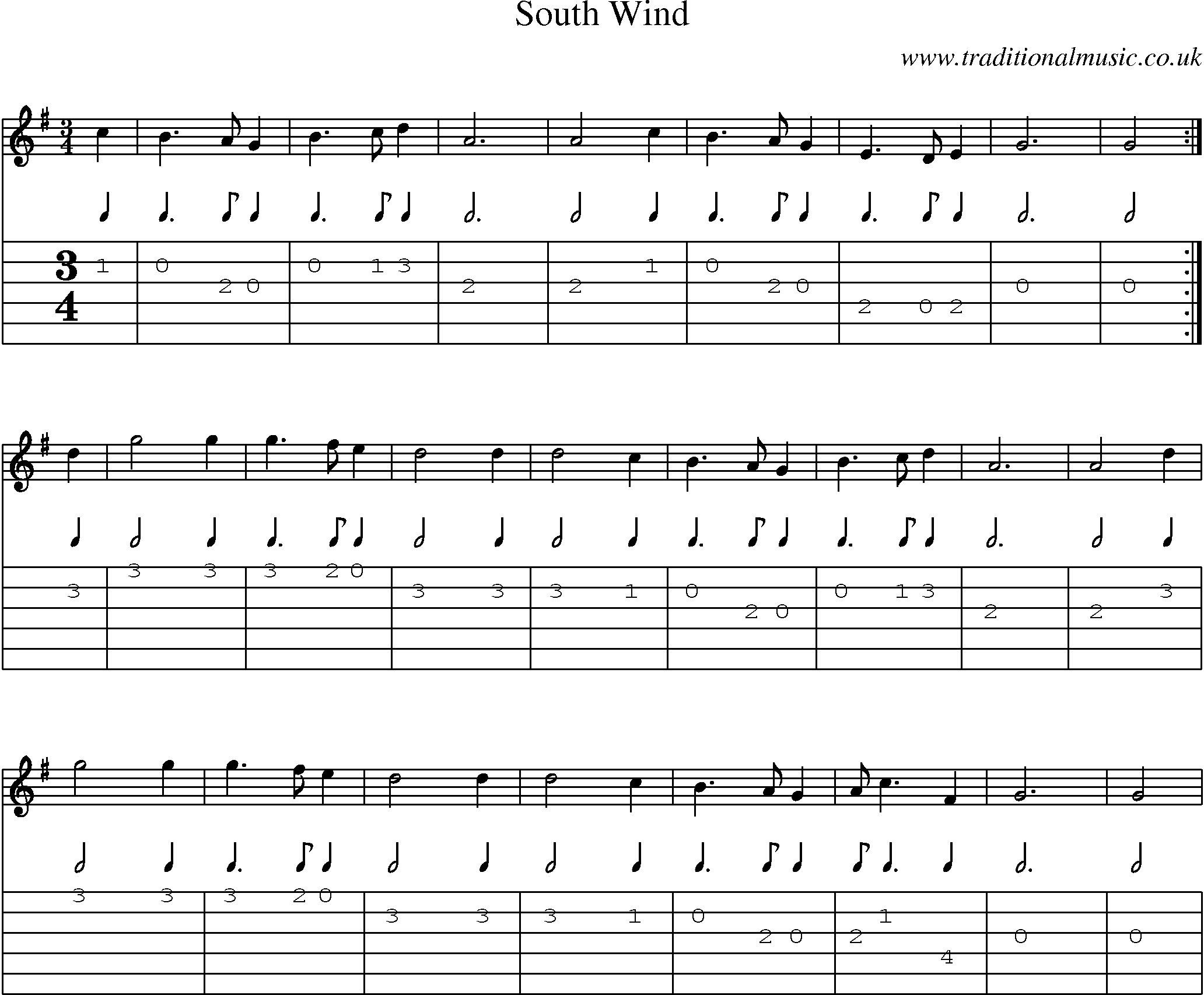 Music Score and Guitar Tabs for South Wind